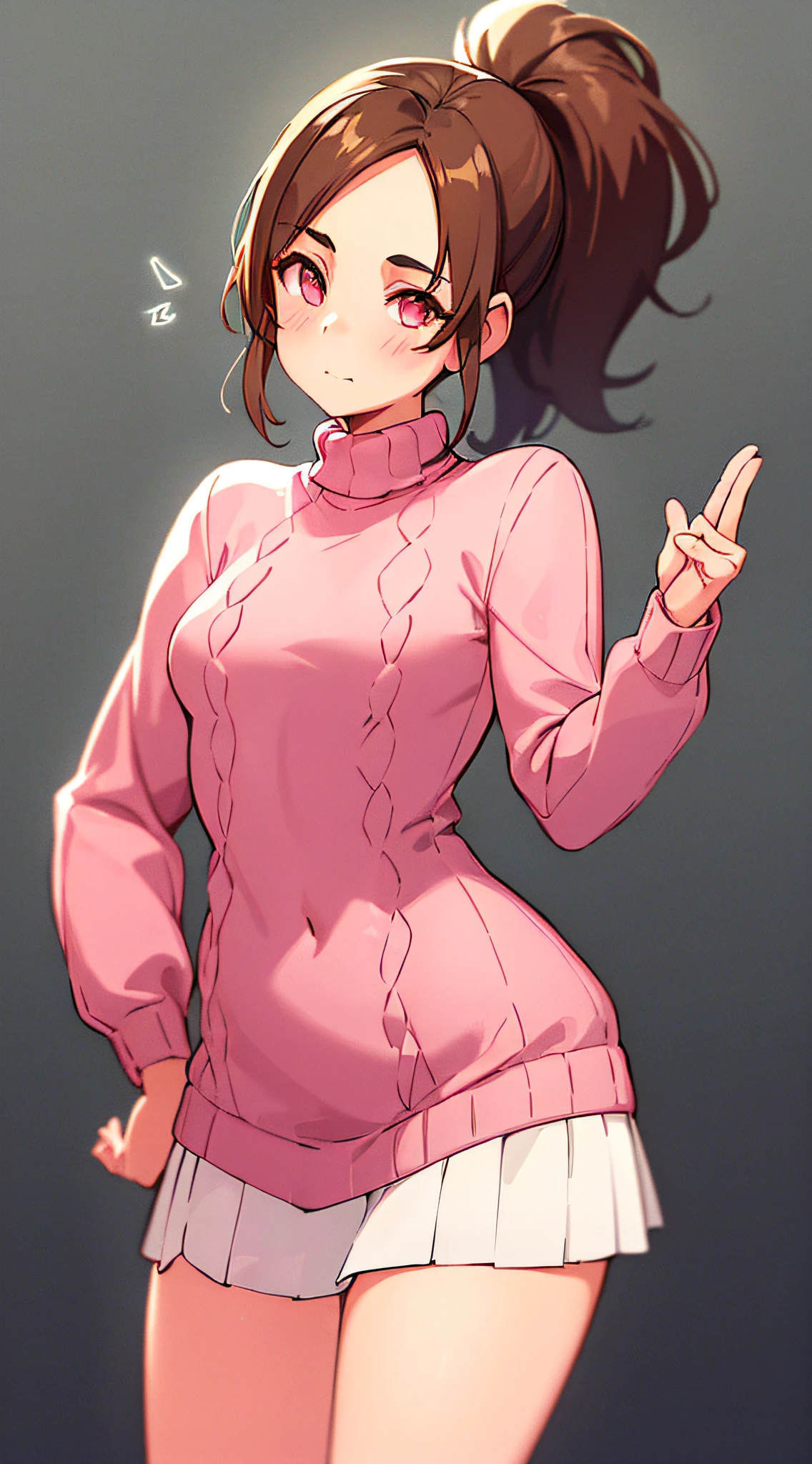 1girl, solo, diamond shaped chin, tiny, young, big breasts, ponytail, brown hair, pink sweater, white skirt, looking at viewer, hand on hips, faint smile, simple background, idle pose