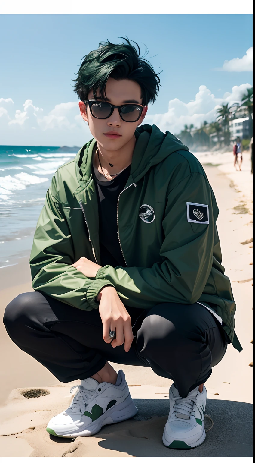 20 year old male, he is wearing a green jacket, he is wearing black trousers, he is wearing white sneakers, he had short green hair, he was squatting, he is on the beach, he is wearing glasses black, beach wind, beach waves, hot sun, realistic sun, very realistic, very detailed