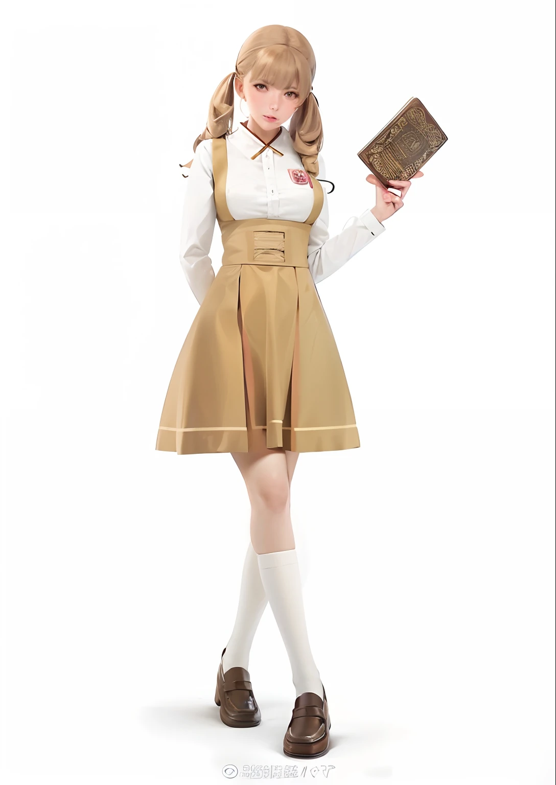 There was a woman in a dress and a hat holding a book, Magical school student uniform, magic school uniform, JK school uniform, school uniform, dressed as schoolgirl, japanese girl school uniform, Japanese school uniform, in detailed steampunk dress, girl in uniform, full body wide shot, wearing honey - themed miniskirt, dressed like a cleric, a wide full shot