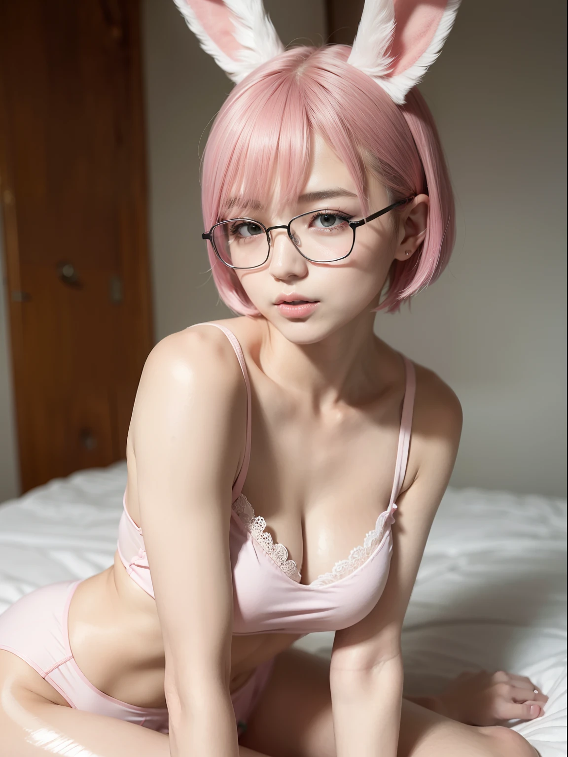 Pink short cut hair、8yk、Raw photo、(masuter piece)、(top-quality)、Hi-Res、(girl with)、(realisitic、Photorealsitic:1.2), Upper body、Red camisole、Facing up、skinny、20yr old、small tits、Eyes closed、Deep sadness、Sorrow、look up sky、Open mouth、screeming、a room、Bokeh pink shortcut hair on background，cleavage of the breast、Wearing glasses、put on glasses、(8K, top-quality, ​masterpiece:1.2), (realisitic, Photorealsitic:1.37), ultra-detailliert, 1 girl in, full body Esbian, Back alley of Japan(Adjusted hair:1.5) 、Alpha Layer、high-heels、cute little、独奏、Beautiful detailed sky、(A smile:1.15)、(Mouth closed)、tiny chest、Eyes in Beautiful Details、（short-hair：1.2）、Floating Hair NovaFrogStyle、Hotel Bed、masuter piece、Pink Shortcut Bob、Realistic rabbit ears、Pink realistic rabbit ears、Realistic ears of rabbits sticking out of the head、Pink hair、Beautiful girl in her 20s、Bewitching atmosphere、Beautiful shaped hands、K-POP、Pink rabbit ears、1 girl in、独奏、​masterpiece、top-quality、realisitic、Hyper-detailing、(Glossy skin:1.4)、absurderes、short pink hair、Slender beauties、动态照明、hight resolution、foco nítido、depth of fields、(thick thight:1.0)、A slender :1.2，((Short-cut bob hair))、((k pop:1.3))，Highly detailed facial and skin texture、((魅惑的))，Anatomically correct number of fingers，Correct anatomy