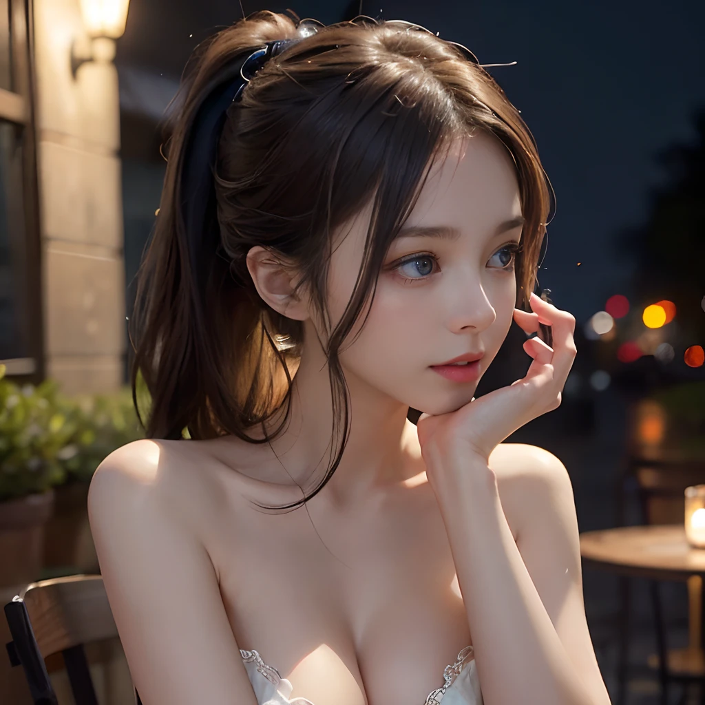 night scene, Close-up photo of Danelia Tuleshova, Small breasts, Cafe terrace near the street, Lean-cheeked, Luster of hair, chin up, Seductive face, No bra, stony, Water, Cleavage Show, bewitching, Realistic pores of the body, Look up at the sky and smile, black ponytail hair, (Blue eyes: 0.8), Beautiful adult face, 40 I, soft volumetric lights, (back lighting: 1.3), (Cinematic: 1.3), Intricate details, (art stations: 1.、nsfw、cafe terrace