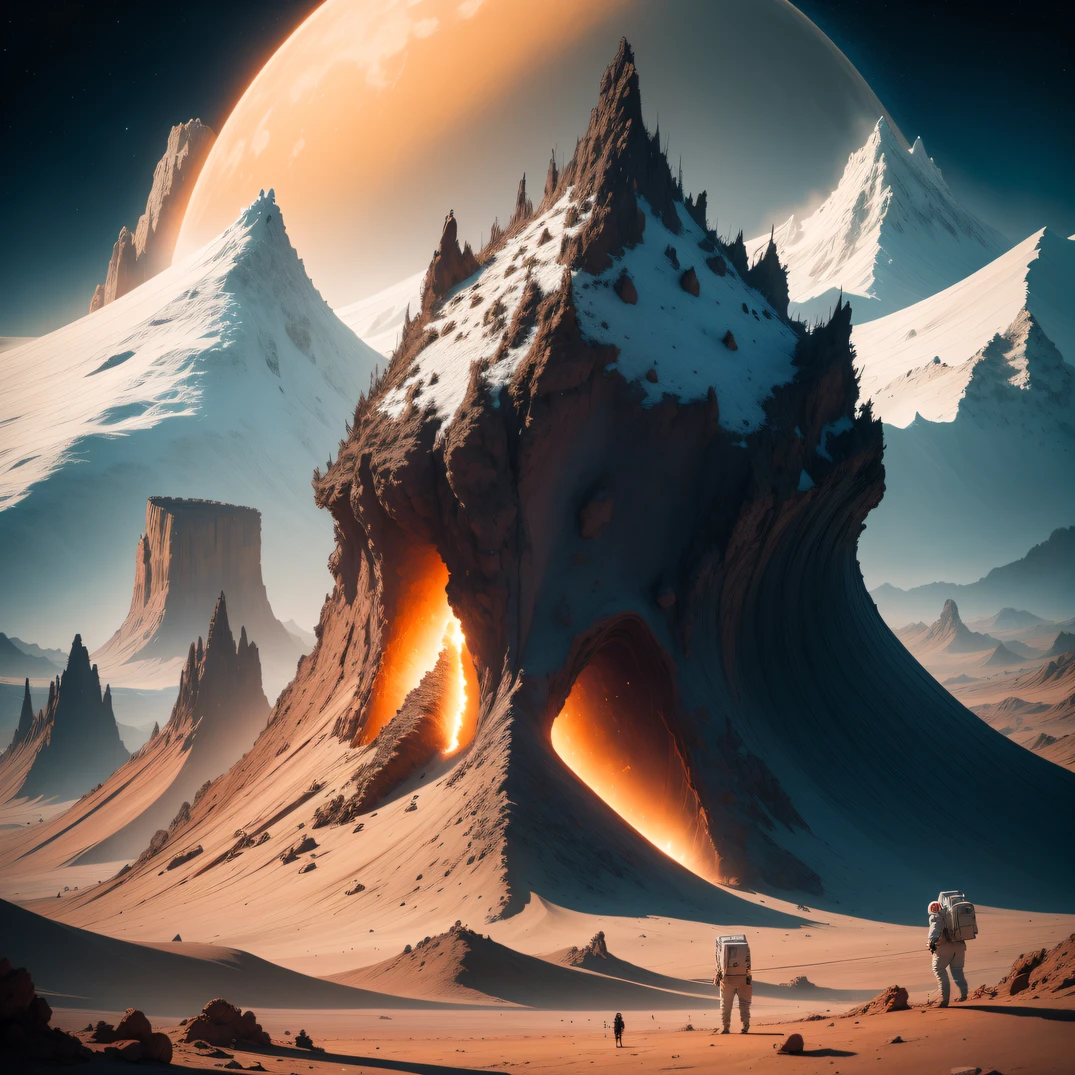 (((The spacesuit is broken)))The astronaut,Alien base (Very detailed astronauts) In the mountainous desert,There are several exhaust fans and chimneys, Some spotlights come out of the base to illuminate dark places, (Extreme nights), Some clouds in the night sky, Some of the surrounding planets provide air to unknown planets,The farthest giant volcano is erupting((The astronaut))(((The spacesuit is broken))