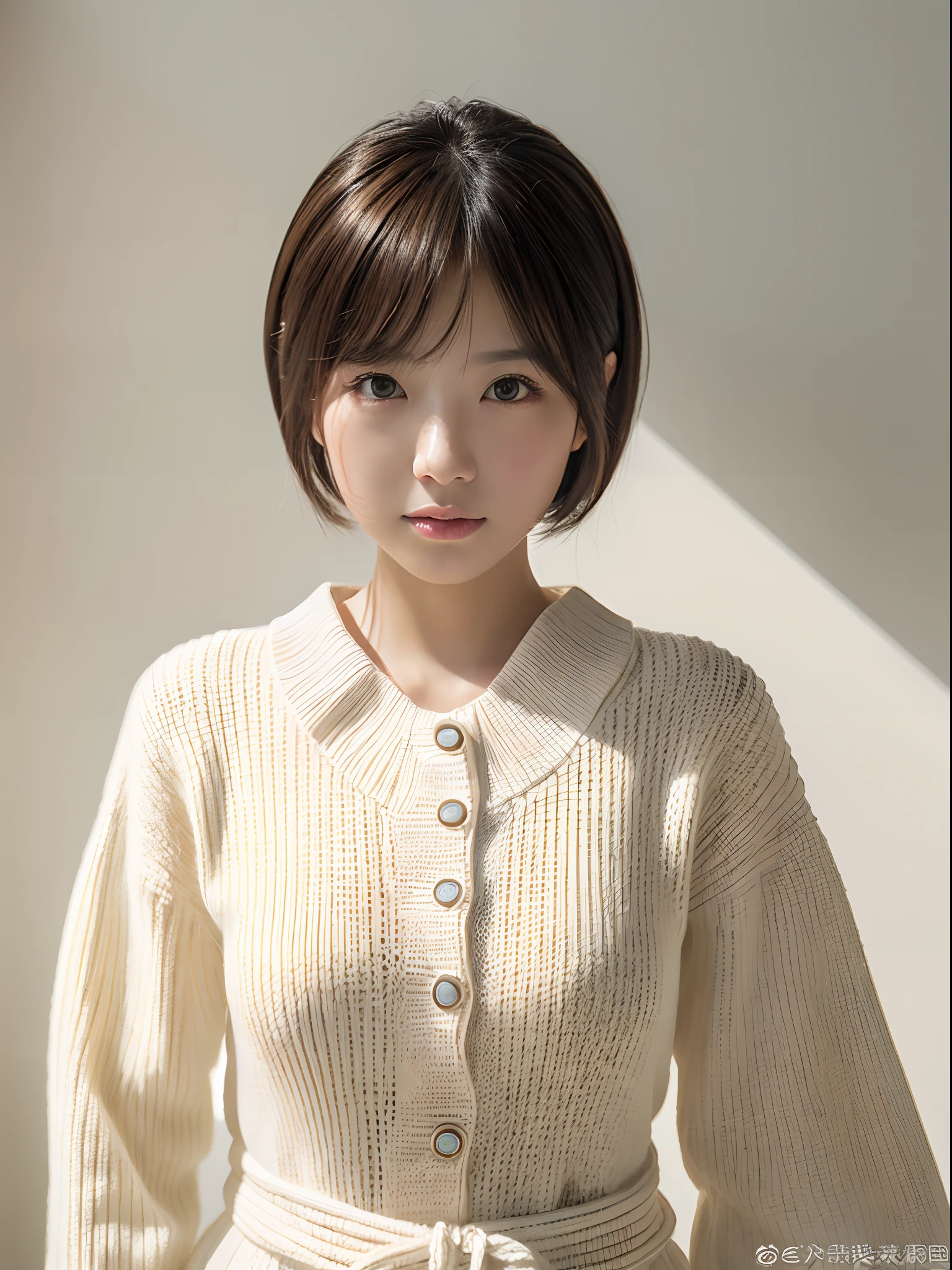 ((masterpiece:1.4、top-quality))、(photographrealistic:1.4)、profetional lighting、physically-based renderingt,cowboy shot,Bery short hair、extra detailed face、Detailed skin、(Beautiful japanese girl:1.05)、thin bunches of bangs、knit、White Room、white walls