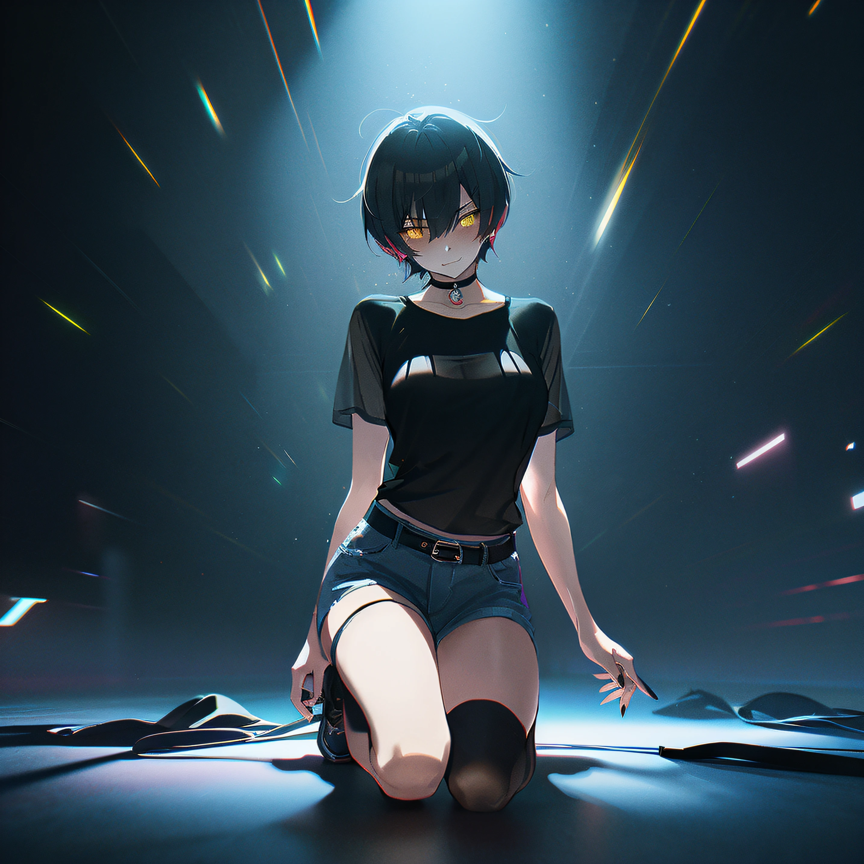 1girl, tomboy, high quality, better render. black nails, black messy short hair, glowing yellow eyes, yandere expression, better eyes, tattoos, gothic looks, beautiful, cute face, 8k quality, black punk shirt, dark denim shorts, black choker, looking at viewer, sexy, wearing plain black shirt, denim shorts, thigh high see-through socks, black earrings, absurdres, high res, ultrasharp, 8K, masterpiece, looking at viewer, seductive expression, glowing eyes, sharp teeth, rebellious, cool, freckles blush