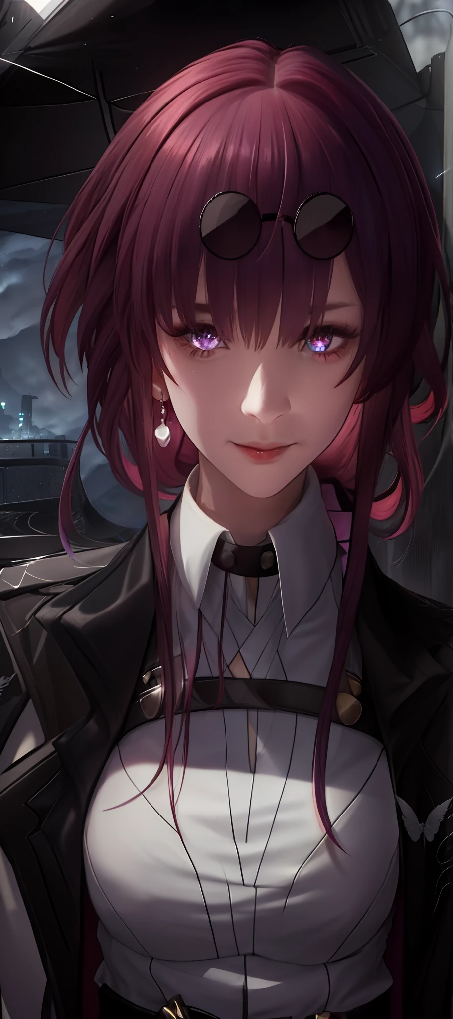 (masterpiece:1.2, best quality), (finely detailed beautiful eyes: 1.2), (detailed background night), (beautiful detailed face), (best illumination, an extremely delicate and beautiful), ((cinematic light)), colorful, hyper detail, dramatic light, intricate details, swirling black light around the character, depth of field,black light particles , ((glasses on head)) (((dark))), ((((dramatic))), (((gritty))), (((intense))) wallpaper, with a determined expression on her face. The background is dark city and gritty, with a sense of danger and intensity, yandere, seductive, (detailed eyes), (sidelightning:1.1), (smile:0.9), (lightning from right side:0.4), (red purple plain eyes:1.0), headdown and looking up at the camera,