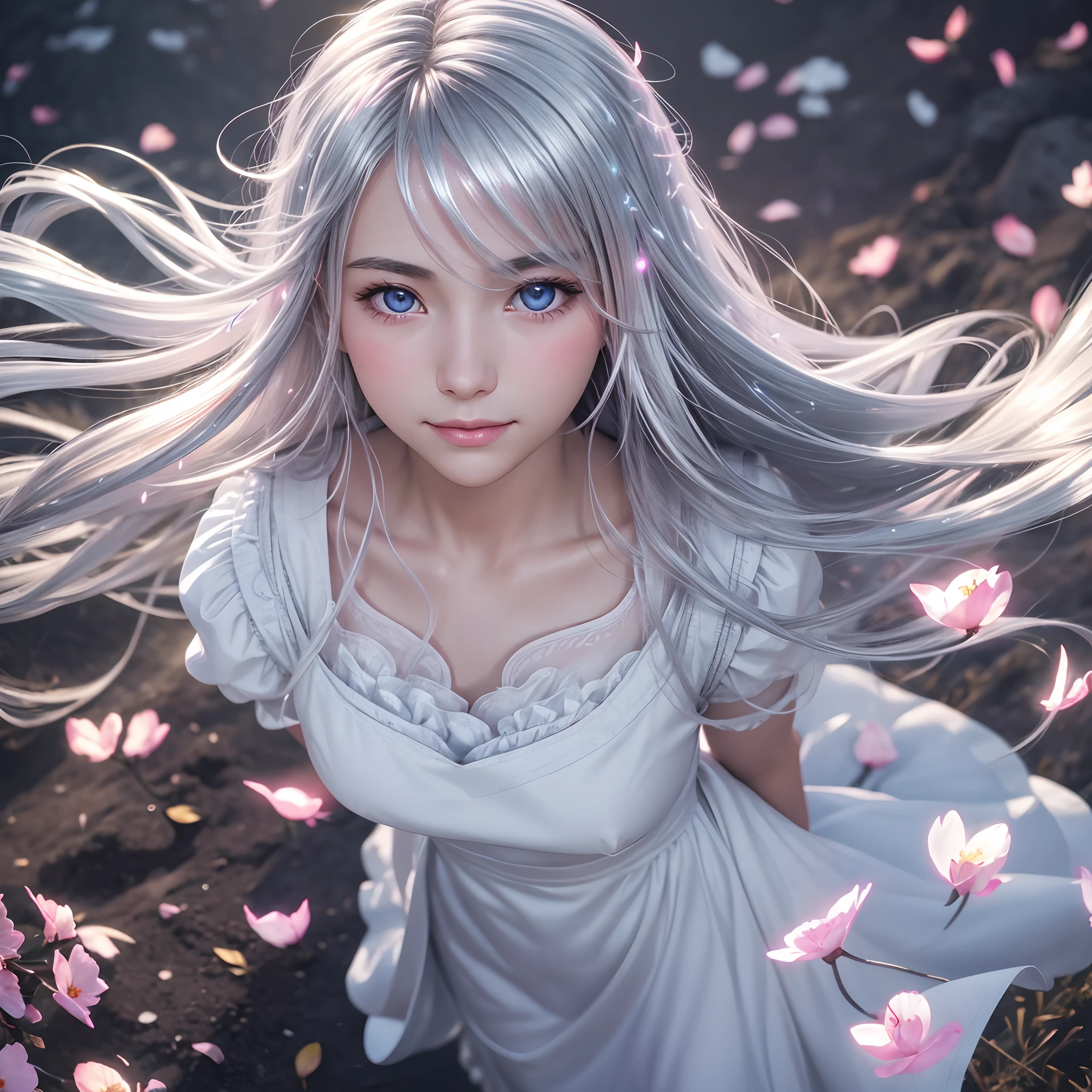 1 girl, scenery, vibrant colors, sharp focus, best quality, depth of field, cinematic lighting, flying petals in the wind,  
(silver eyes), silver hair, extremely long hair, slight blush, slight smile, 
(glowing:1.5), maid, glow hair, from above, hands together, close up
