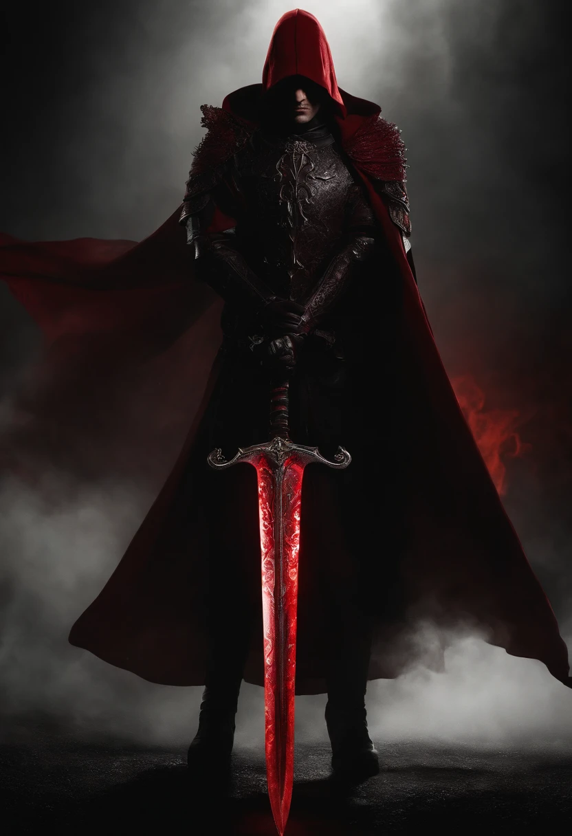 A red greatsword made with blood,devilish design,black background,red aura,lustrous metallic finish,ominous atmosphere,sharp and menacing edges,elaborate engraved patterns,gruesome details of blood drips,menacing presence,glowing eyes of the devilish figure,dark shadows and highlights,subtle smoke and mist effects,contrast between darkness and vibrant red color,majestic and powerful appearance.