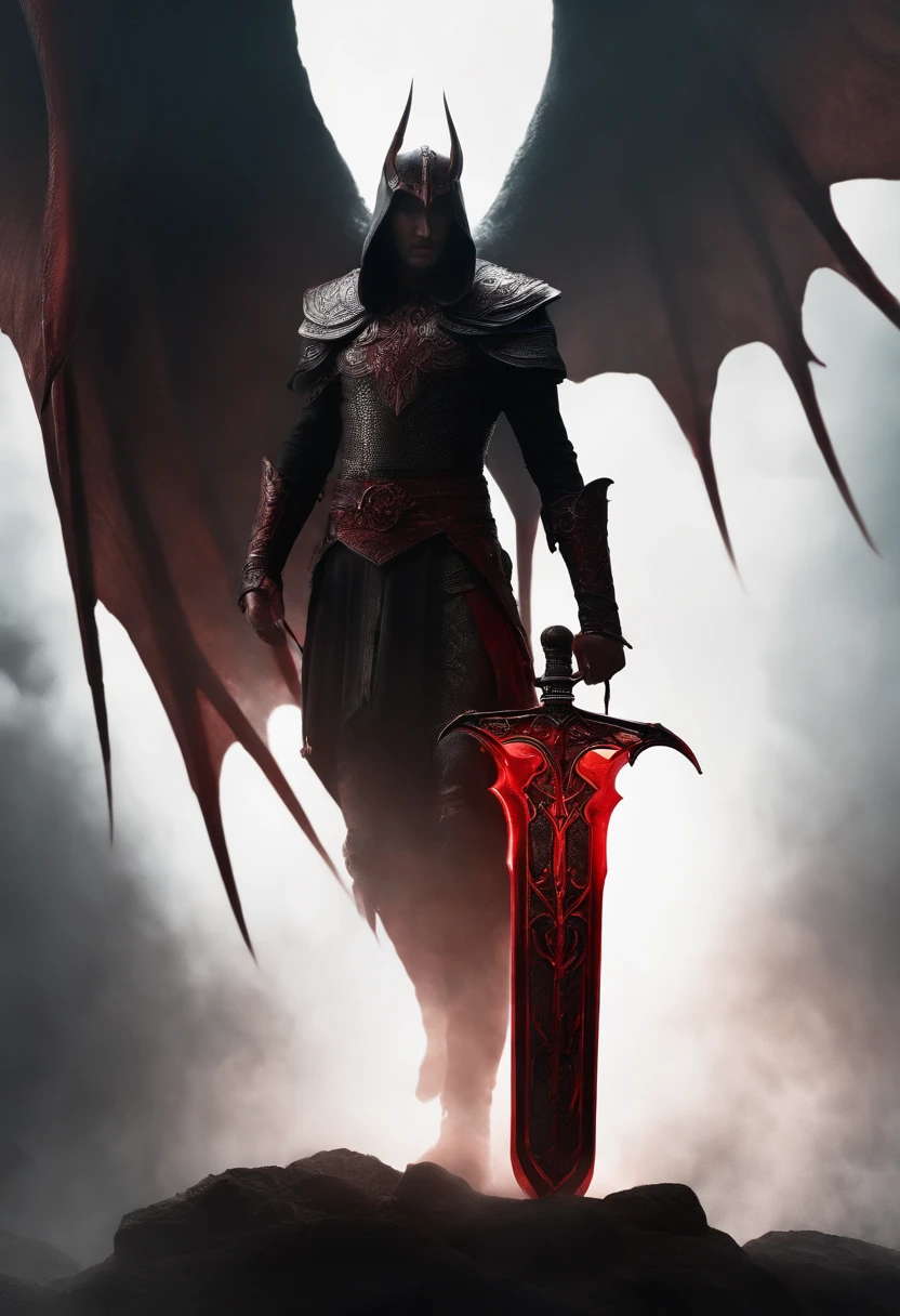 A red greatsword made with blood,devilish design,black background,red aura,lustrous metallic finish,ominous atmosphere,sharp and menacing edges,elaborate engraved patterns,gruesome details of blood drips,menacing presence,glowing eyes of the devilish figure,dark shadows and highlights,subtle smoke and mist effects,contrast between darkness and vibrant red color,majestic and powerful appearance.