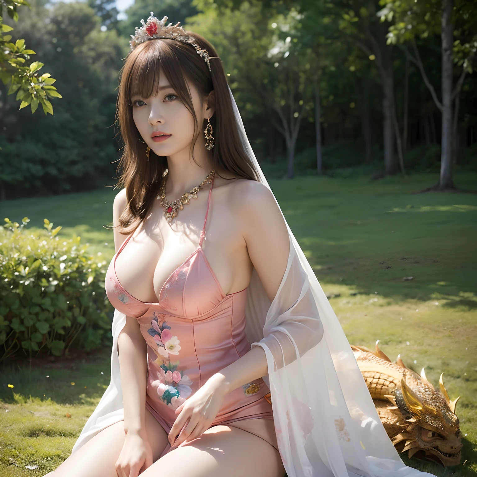 (Fight fiercely with dragons)、top-quality、​masterpiece、超A high resolution、（White Dragon Armor）、(((Colossal tits))),dragon armor、(Wearing a beautiful crown made of jewels),(Photorealsitic:1.4)、Raw photo、1人、Golden hair、((Floral hair ornament))),glowy skin、(((Chinese Dragon)))、（Gorgeous Jewelry Necklaces）、Natural remains、（Mystical expression）、（Full Body Angle）、（Fight big dragons）、With a beautiful knife、(((Mansuji))),（Pink Metal Bikini）、(beautiful forest background)、Precipitous cliffs、(Castle background)、((super realistic details))、portlate、globalillumination、（sexypose）、Shadow、octan render、（One-Eyed Scouter）、8K、ultrasharp、Colossal tits、Raw skin is exposed in cleavage、metals、Details of complex ornaments、Japan details、highly intricate detail、Realistic light、CGSoation Trends、Blue eyes、radiant eyes、Facing the camera、Precipitous cliffs、Toostock、（Full Body Angle）、（veils）、(((Heavy Big))),