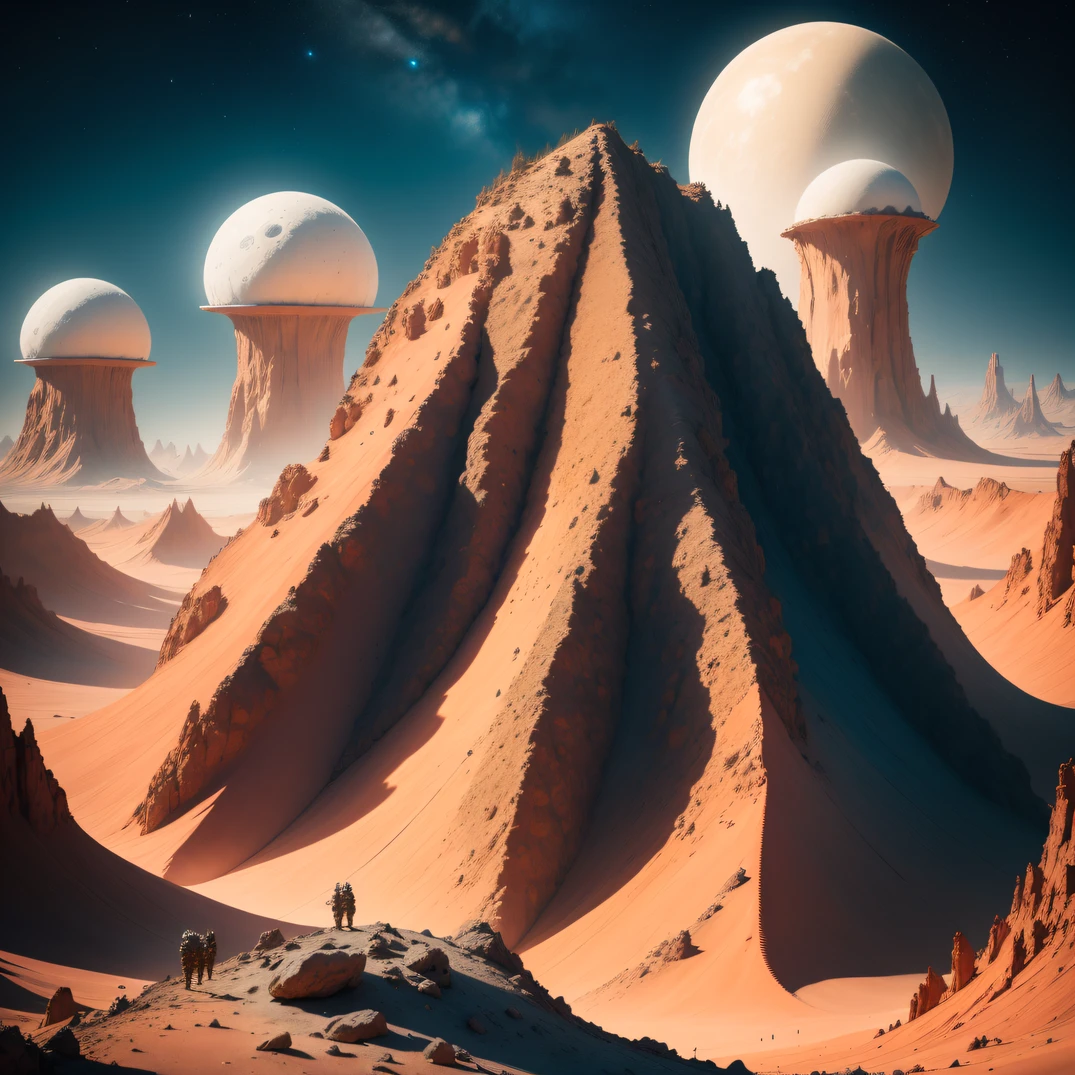 (((The spacesuit is broken)))The astronaut,Alien base (Very detailed astronauts) In the mountainous desert,There are several exhaust fans and chimneys, Some spotlights come out of the base to illuminate dark places, (Extreme nights), Some clouds in the night sky, Some of the surrounding planets provide air to unknown planets,The farthest giant volcano is erupting((The astronaut))(((The spacesuit is broken))
