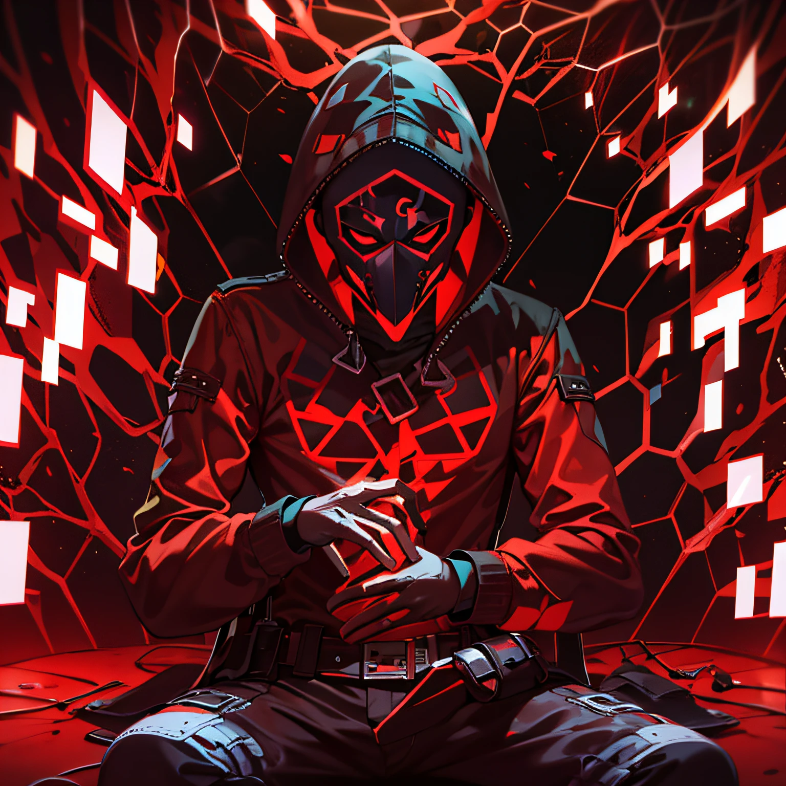 A shadowy character wearing a dark hooded jacket and a face covered by a glowing mask with a terrifying pattern of red eyes and a sinister smile in the form of glowing white stitching.. He is sitting in a relaxed manner in front of a metal fence, with a carefree but intimidating posture. The background is dark with a blue night sky, and the lighting dramatically highlights the shine of his eyes and mouth, while little red sparks float in the air, adding a tense and urban atmosphere. The style is dark and aggressive, with a cyberpunk and vigilante aesthetic, conveying a sense of latent danger.