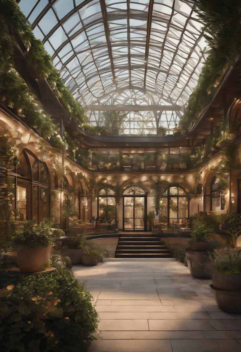 Two-domed glass greenhouse,One of them is the exhibition center and the conference center,The other is the shopping mall at Farm Park,The shopping mall contains the Catering Bakery Academy、Food street,Equipped with a business bar and a hotel、Expert apartment。Rendering of the high street