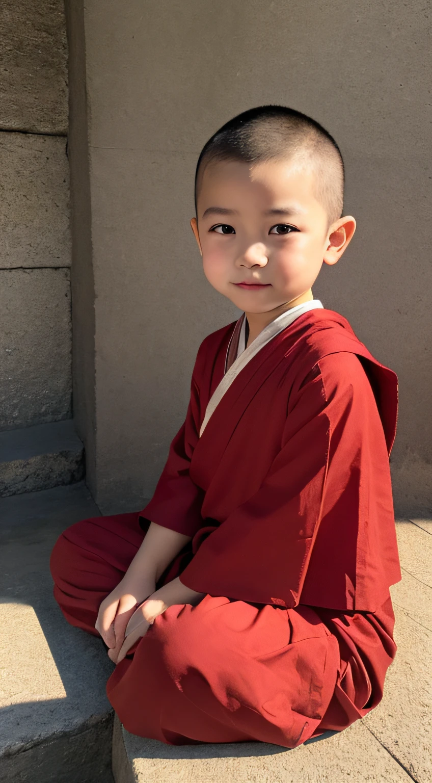 Set against the backdrop of a Zen room,8K HD quality,Hyper-realistic,A small bald monk,Baby face,Delicate and cute facial features,ultra cute
