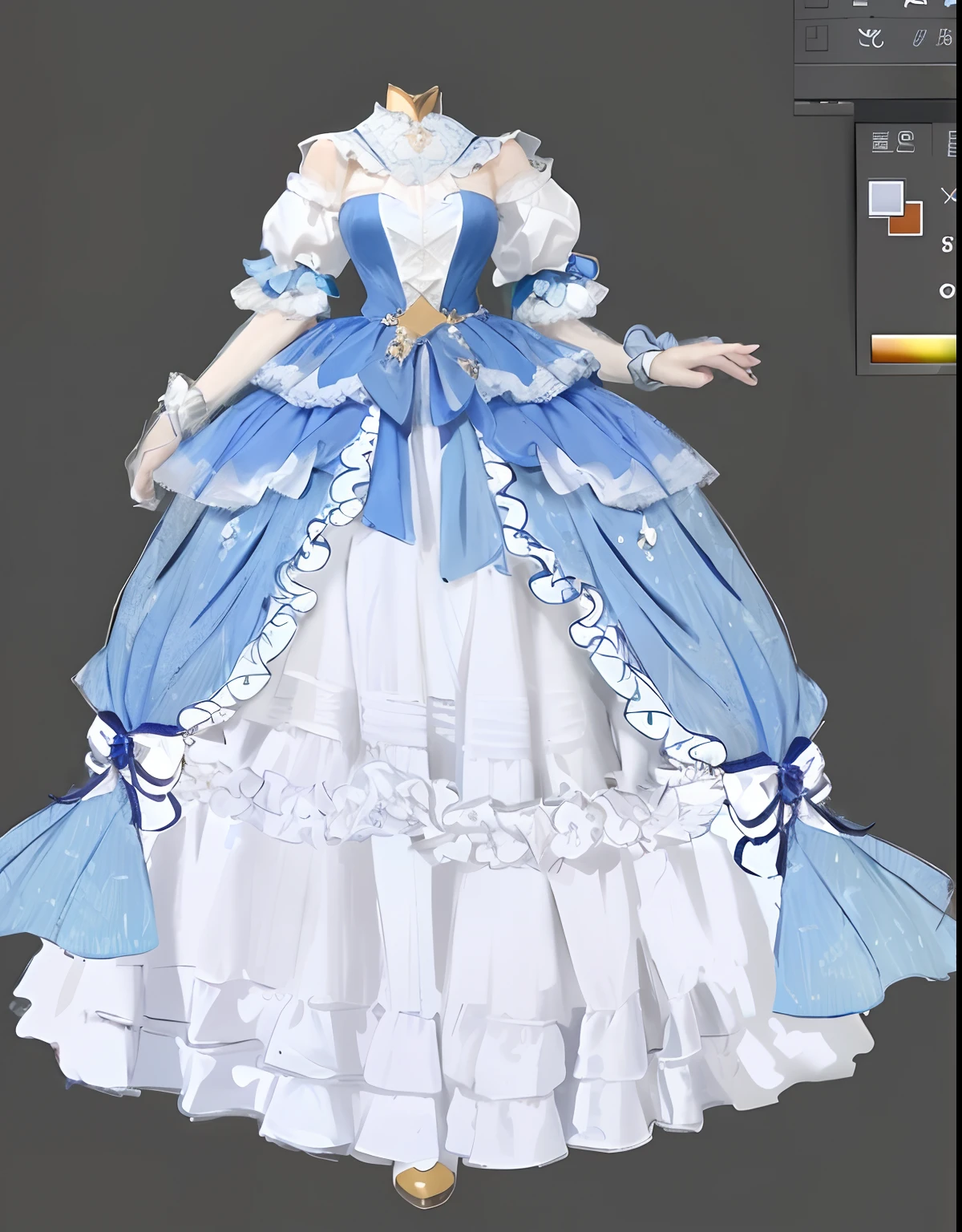 Close-up of dress with blue and white dress, Costume with blue accents, very detailed and rich clothing, Robe. extremly high detail, clothing design, royal robe, clear outfit design, expensive voluminous dress, costume desig, multilayered outfit, lunar themed attire, offcial dress, dreamy dress, fantasyoutfit, full body detailing