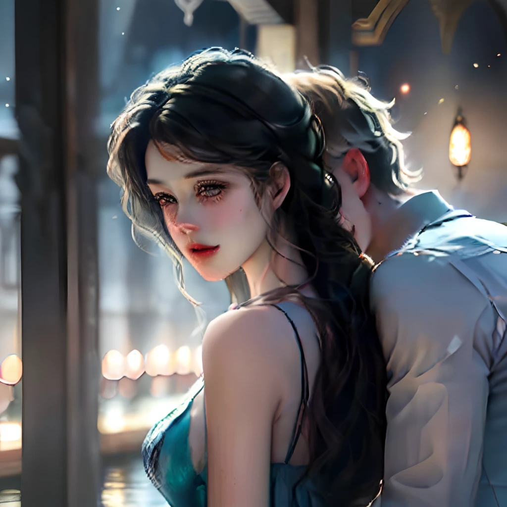 Beautiful and romantic picture,The man holds the woman from behind,Women wear white,Men wear black,ancient wind,high qulity,tmasterpiece,softlighting,Women's hair is scattered on men's bodies,Woman side face,Light shines on the body,black color hair