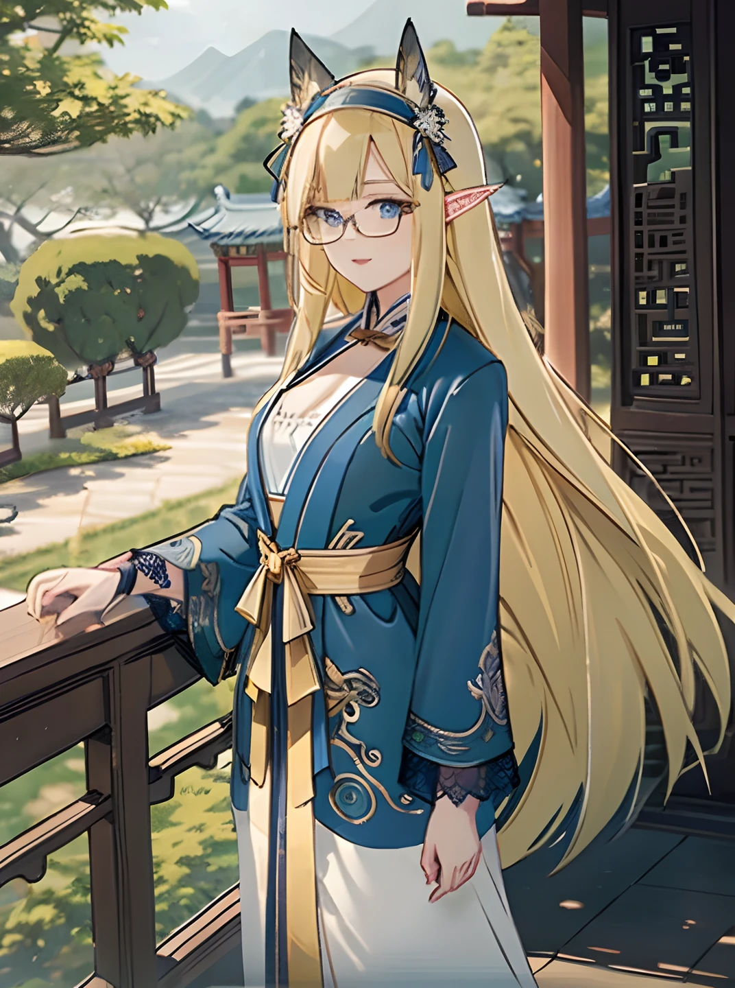 Long blonde hair and blue eyes CG, Anime style 4K mature anime beauty,Dark blue plain robe,Dark blue plain robe， detailed long blond hair, Long-haired, A flowing robe, cabellos largos dorados, cabellos largos dorados, Long flowing hair, Anime girl with long hair, Simple dark blue robe，Dark blue hanfu，Perfect body elf woman，elvish ears，Background of ancient Chinese architecture，Ancient Chinese architectural background，Bust，sideways standing，Tai Chi pattern，Gossip mode，Glasses，Mature woman，Yin and Yang fish pattern，Look to the lens，A bad smile，leaning against pillars，Huge bust，Oversized breasts，Unbelievably huge，blue color eyes，Jewel-like blue eyes，Highlight the background，nigth，Simple belt，Thin waistband，Oversized bust，looking toward the viewer，Face to face audience