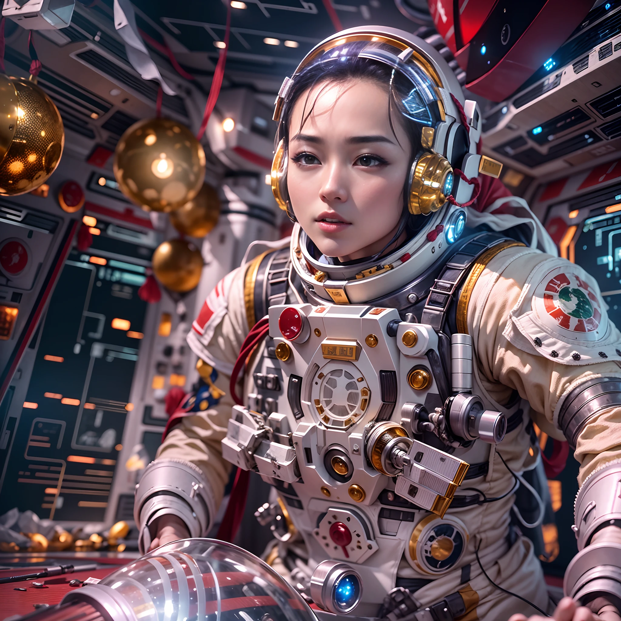 Fight astronauts on the moon,Lunar environment,studio lit,Beautiful woman in luxury spacesuit,The forehead is decorated with precious stones,Silver pen drawings,清晰的线条,Global close-up,Sit on a spaceship,Equipped with a six-barreled Gatling cannon and laser sword,first person perspective,Chinese elements,Festive atmosphere,Golden-red,Dramatic lighting,Granular film,Ray traching,