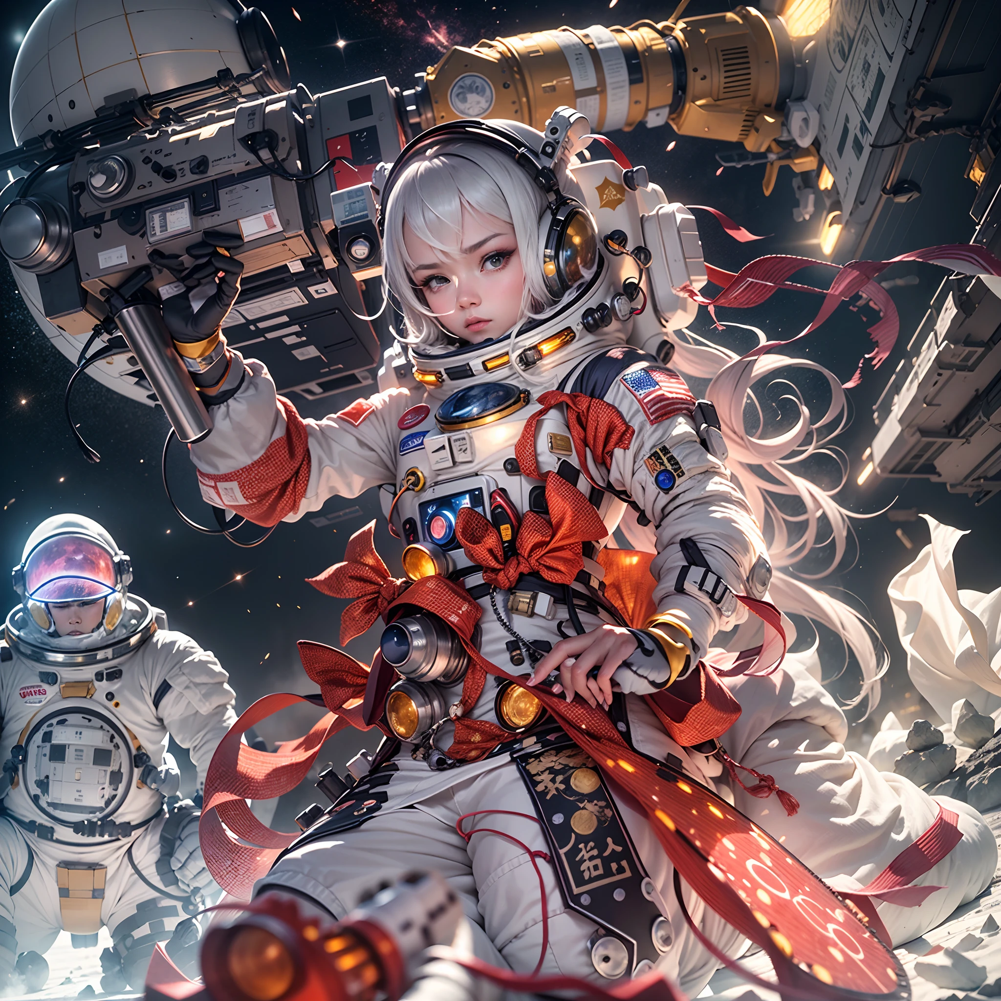 Fight astronauts on the moon,Lunar environment,studio lit,Beautiful woman in luxury spacesuit,The forehead is decorated with precious stones,Silver pen drawings,清晰的线条,Global close-up,Sit on a spaceship,Equipped with a six-barreled Gatling cannon and laser sword,first person perspective,Chinese elements,Festive atmosphere,Golden-red,Dramatic lighting,Granular film,Ray traching,