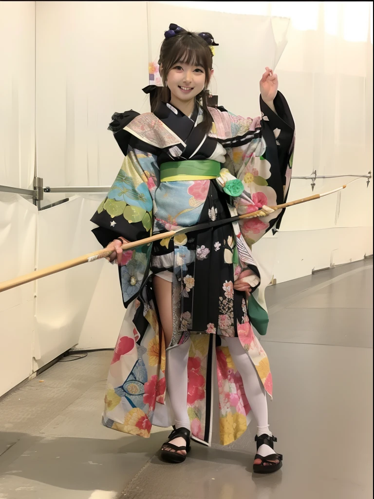 Idol in mini kimono、、tights、、Mini kimono with ruffles、Good Style、Beautiful legs、bulging chest、greenr
