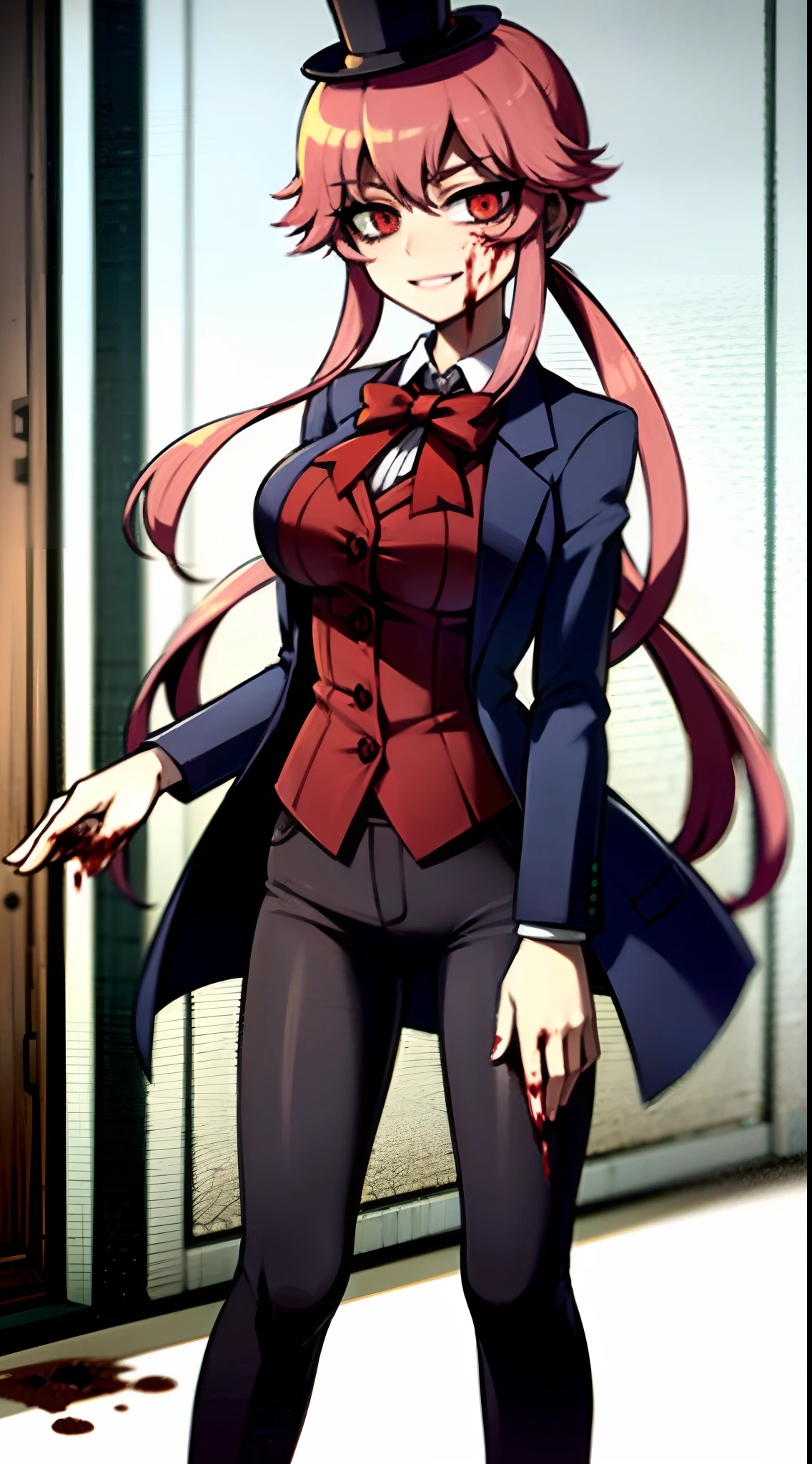 yuno gasai, long hair, pink hair, smile, low twintails, yuno gasai, (Black, Lilien Tailcoat Black Pure Rose:1.37), (large breasts:1.5), 1girl, red eyes, (night:1.1), (evil eyes:1.1), Ladies Lace Up Boots, blood, (black trousers:1.1), (out door:1.5), (top hat:1.5), (evil:1.5), jack the ripper, (blood on body:1.5), (evil eyes:1.4), 4k, 8k, killing