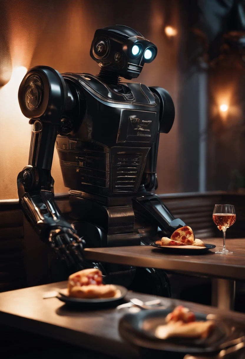 Interior restaurante, (acabado realista), (estilo cine negro), Robot eating a pizza. And reading a newspaper