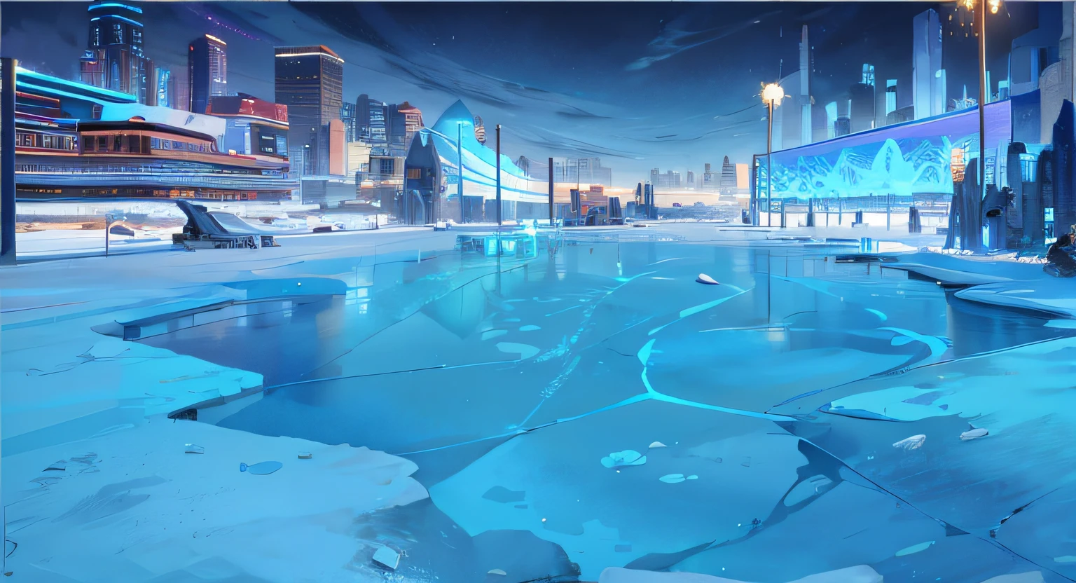 The foreground is a frozen ground free of debris, The backview is the city,ross tran. scenery background, Arte conceitual de inverno, concept art stunning atmosphere, Anime landscape concept art, ice city in 2 0 8 0, zootopia concept art, environment design illustration, arte de fundo, concept art scene, Anime background art, concept art style, professional concept art, clean concept art