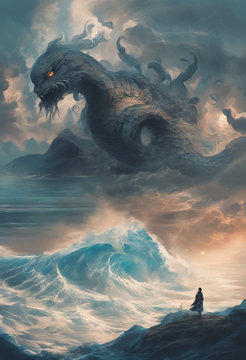 China-style,Chinese mythology,Xuanwu,faucet,Turtle body,Heavy tortoiseshell shell,The snake's tail grows out,has horns on its head,tosen,Ferocious,gargantuan,The eyes glow blue light,the sea,Huge waves,surrounded by cloud,中景 the scene is,Full body like, highly detailed surreal vfx,oc rendered, - AR 16:9 --q 2 --s 1000
