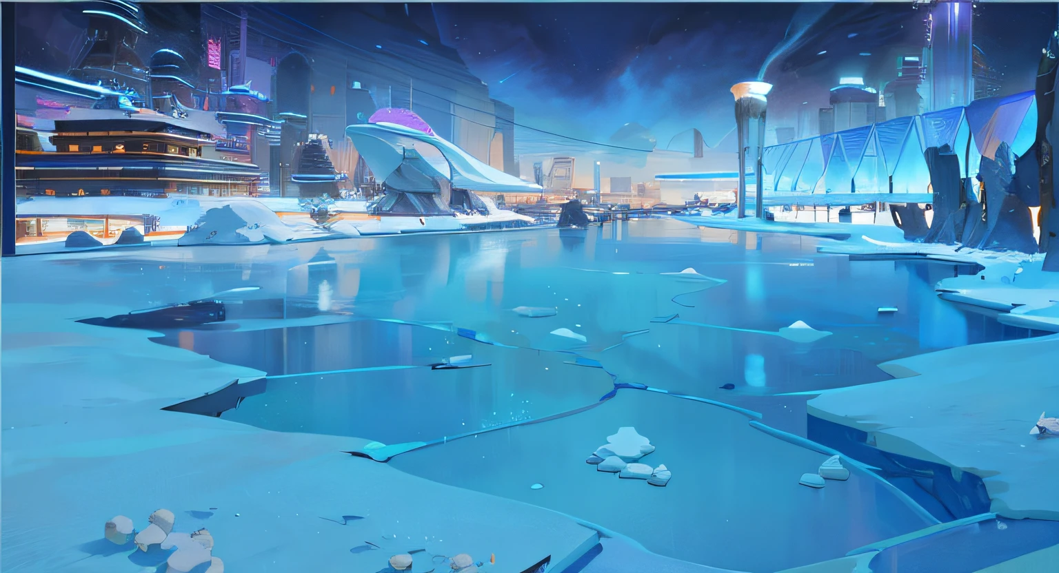 The foreground is a frozen ground free of debris, The backview is the city,ross tran. scenery background, Arte conceitual de inverno, concept art stunning atmosphere, Anime landscape concept art, ice city in 2 0 8 0, zootopia concept art, environment design illustration, arte de fundo, concept art scene, Anime background art, concept art style, professional concept art, clean concept art