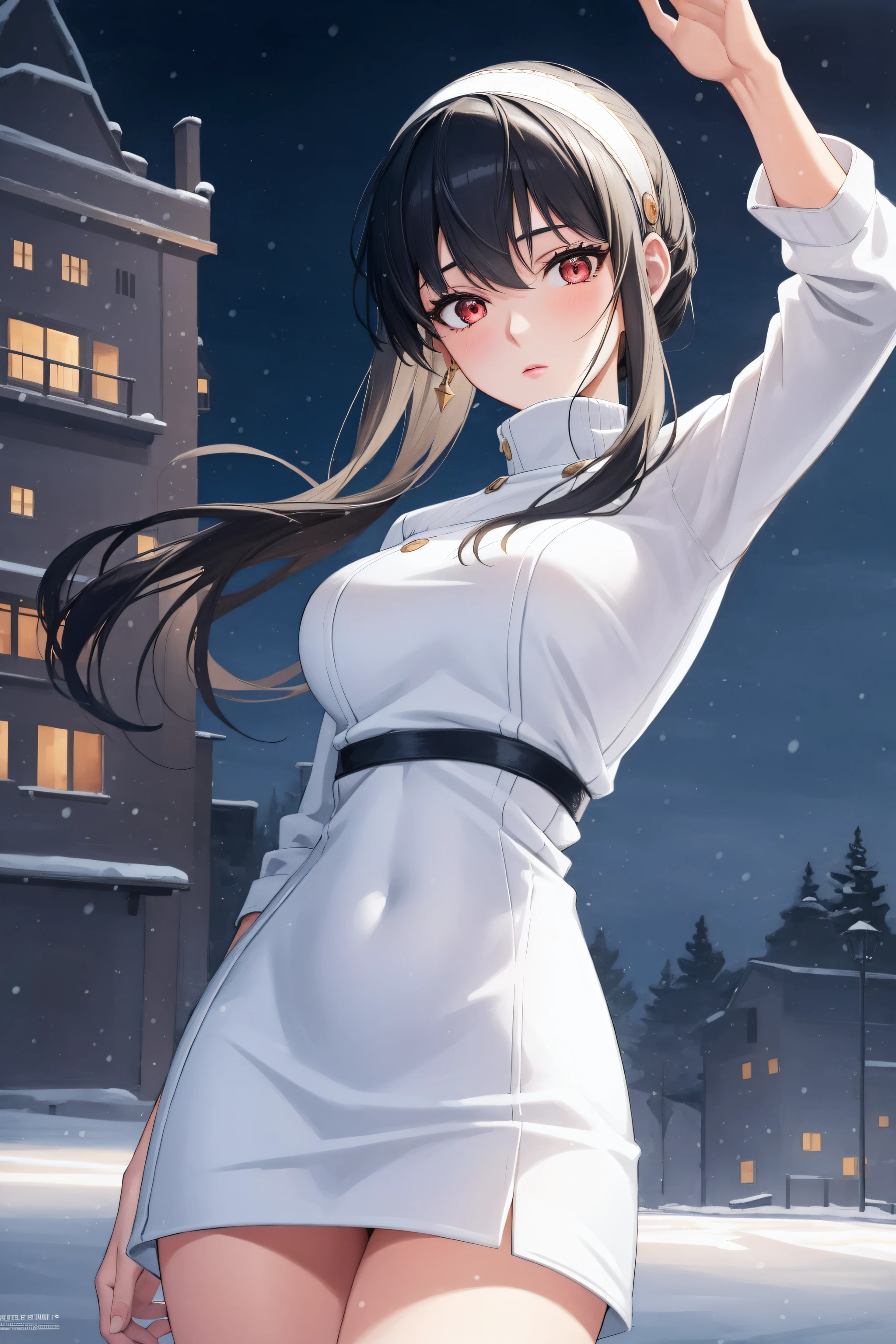 (Night:1.7), palms, pine_tree,sky,snow, snowing,tower, town, tree,
standing at attention,armpits,arm up,
wearing pink turtleneck black capelet white shirt jewelry white sleeves long sleeves navel cutout black skirt pink frills,
bbyorf, short hair with long locks, white hairband, red eyes, gold earrings,
1 girl, 20yo,mature female,Beautiful Finger,Beautiful long legs,Beautiful body,Beautiful Nose,Beautiful character design, perfect eyes, perfect face,
looking at viewer, (innocent_big_eyes:1.0),(expressionless:1.3),
NSFW,official art,extremely detailed CG unity 8k wallpaper, perfect lighting,Colorful, Bright_Front_face_Lighting,
(masterpiece:1.0),(best_quality:1.0), ultra high res,4K,ultra-detailed,
photography, 8K, HDR, highres, absurdres:1.2, Kodak portra 400, film grain, blurry background, bokeh:1.2, lens flare, (vibrant_color:1.2)
(Beautiful,medium_Breasts:1.4), (beautiful_face:1.5),(narrow_waist),