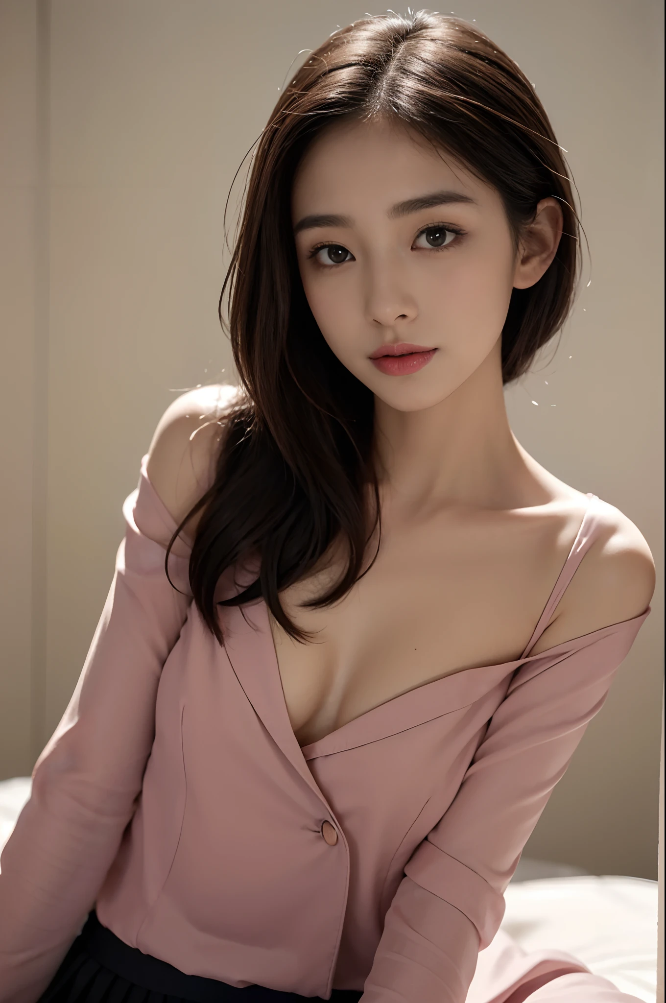 Gentle and beautiful woman, half body photo, Delicate and sexy collarbone, charming oval face, Double eyelids, Smart peach blossom eyes, Pink lips, small nose, Bare shoulders, Focused face, Face Close-up, The ultra -The high-definition, Super Details, elegant standing, Black British College Style Double Breasted Casual Loose Korean Style Small Suit Jacket, Pair with a black pleated skirt suit
