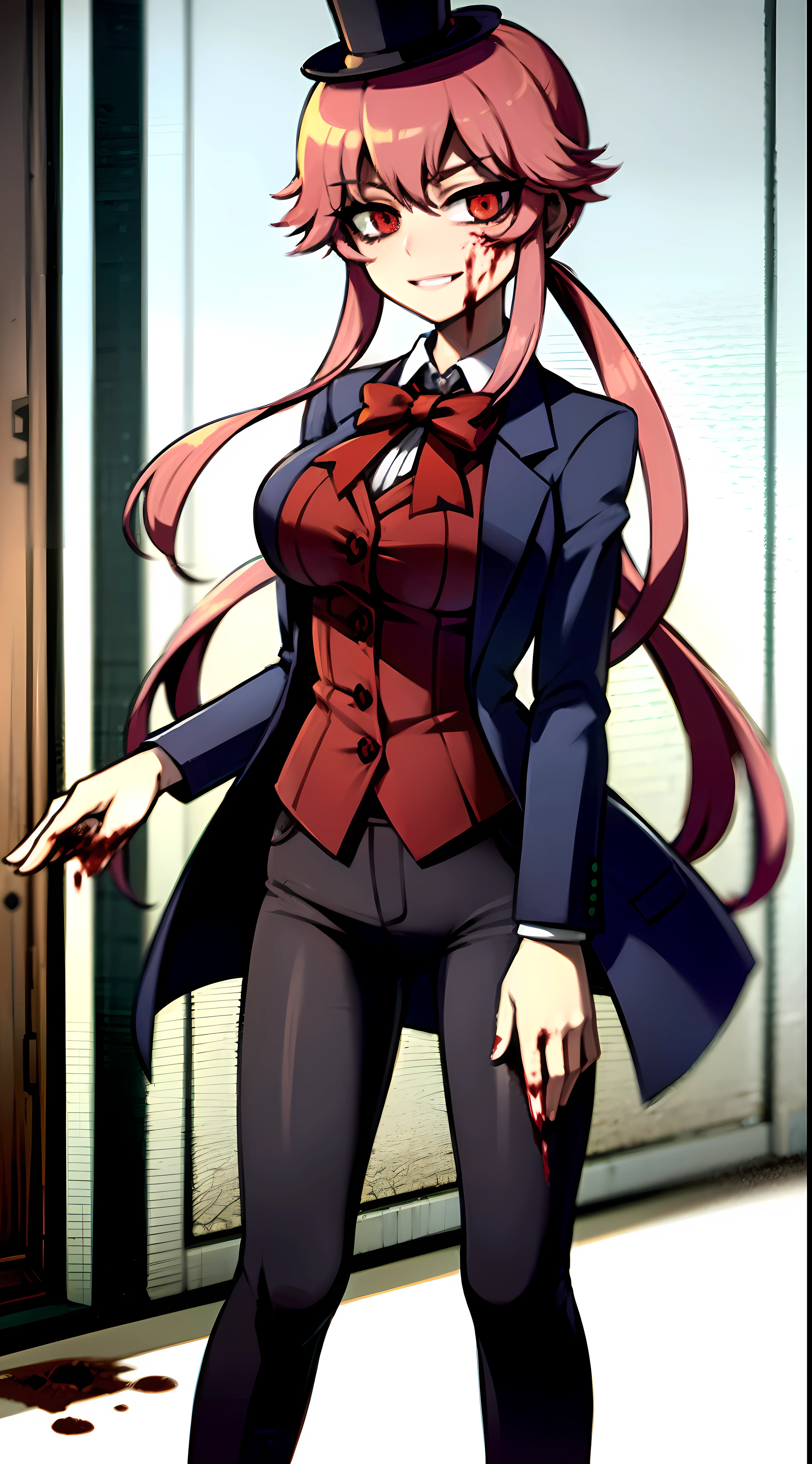 yuno gasai, long hair, pink hair, smile, low twintails, yuno gasai, (Black, Lilien Tailcoat Black Pure Rose:1.37), (large breasts:1.5), 1girl, red eyes, (night:1.1), (evil eyes:1.1), Ladies Lace Up Boots, blood, (black trousers:1.1), (out door:1.5), (top hat:1.5), (evil:1.5), jack the ripper, (blood on body:1.5), (evil eyes:1.4), 4k, 8k, killing, best quality, masterpiece