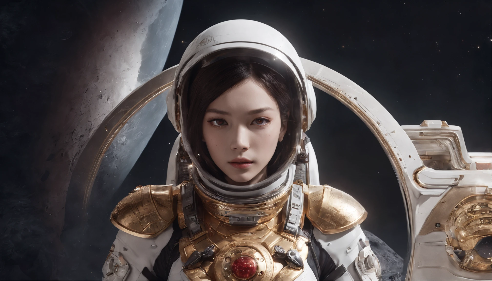 Fight astronauts on the moon，Lunar environment，studio lit，Beautiful woman in luxury spacesuit，The forehead is decorated with precious stones，Silver pen drawings，清晰的线条，Global close-up，Sitting on a spaceship，Equipped with a six-barreled Gatling cannon and laser sword，first person perspective，Chinese elements，Festive atmosphere，Golden-red，Dramatic lighting，Granular film，Ray traching，