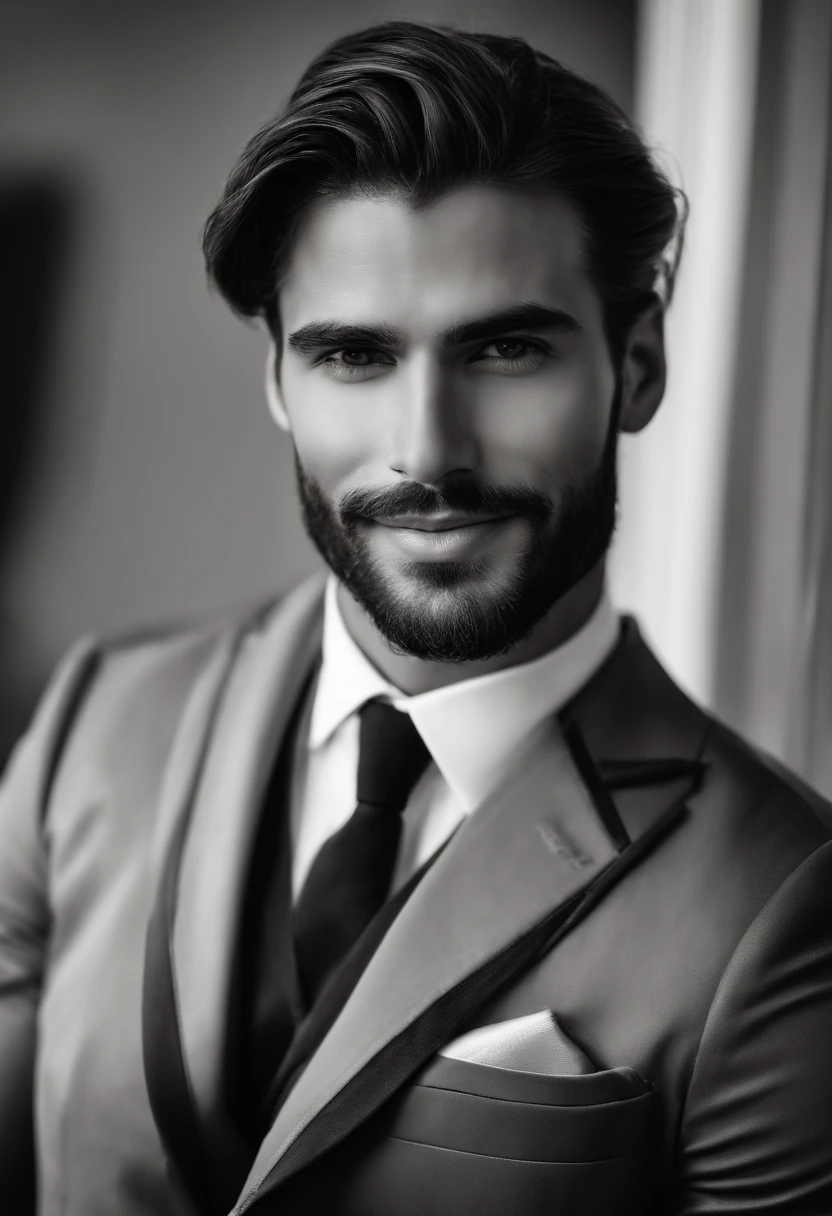 La mejor calidad,Ultra detallado,realista:1.37,Hombre guapo,cara hermosa,ojos detallados,strong jawline,barba de rastrojo,sonrisa encantadora,Traje con clase,cabello elegante,afeitado,Postura segura,caballero,Mirada cautivadora,bien arreglado,profesional,Apariencia similar a la de un modelo,vivid colors,Studio lighting,Warm color tone,Medio:retrato