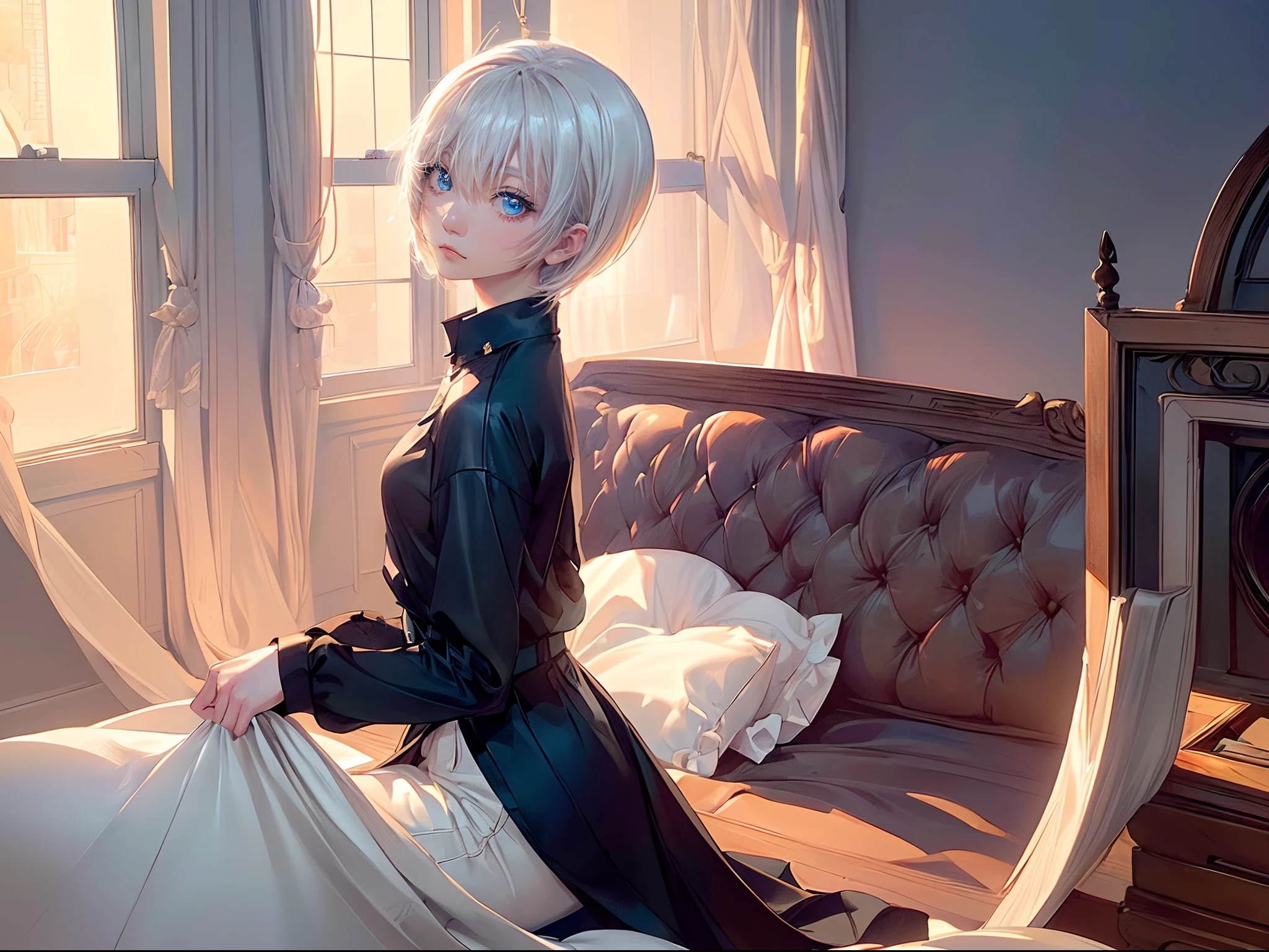 ((4K works))、masterpiece、(top-quality)、One Beautiful Girl、Slim body、tall、((Black Y-shirt and white pants、Charming street style))、(Detailed beautiful eyes)、Stylish black bedroom、Rooms where nobles live、Black shop window、Bedroom in the evening、((Sunlight leaking through the window))、((Shot in a black bedroom))、Sunset through the window、((dim room))、((Face similar to Carly Rae Jepsen))、((Short-haired white hair))、((Smaller face))、((Neutral face))、((Bright blue eyes))、((American adult women))、((Adult female 26 years old))、((cool lady))、((Like a celebrity))、((deadpan))、((Korean Makeup))、((elongated and sharp eyes))、((Happy dating))、((boyish))、((Upper body photography))、Professional Photos、((Shot alone))、((She is lying on the futon))、((Shot diagonally from the side))、((Shot in close proximity to her))、((Focus zoom in))、((She watching the sunset))
