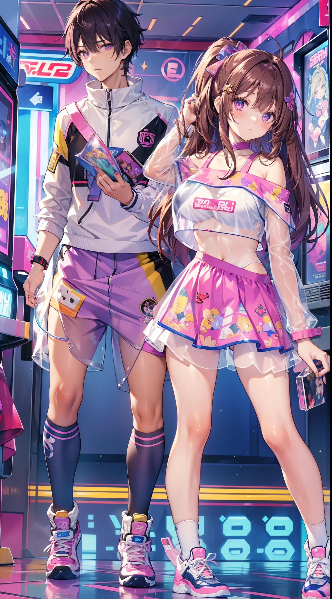 ((Masterpiece)), best quality, absurderes, ultra detailed, holographic, cowboy shot, golden ratio, super cute girl, mature girl, idol girl, super beautiful asian girl with very beautiful violet glowing eyes, beautiful glowing brown multicolored hair, high ponytail, nice and sexy body, slim body, perfect body, wearing a super tight anime printed leotard, an anime printed super tight off shoulder long sleeve crop top, a super aesthetic transparent mini jacket, beautiful hair ornament, pink jordan tennis, playing with her handsome otaku skinny boyfriend, with black messy glowing hair, in the arcade games
