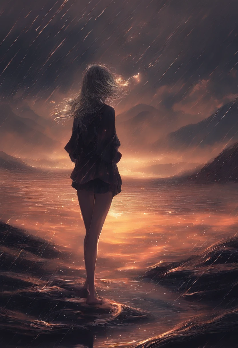 Sad girl,cry,darkness,Rain sky,。.。.。.。.。.。.。.。.。.。.。.。.。.。.。.。.。.。.。.。.。.。.。.。.。.。.。.3D,Upscale,hard disk,Blonde short,is crying,with his back turned