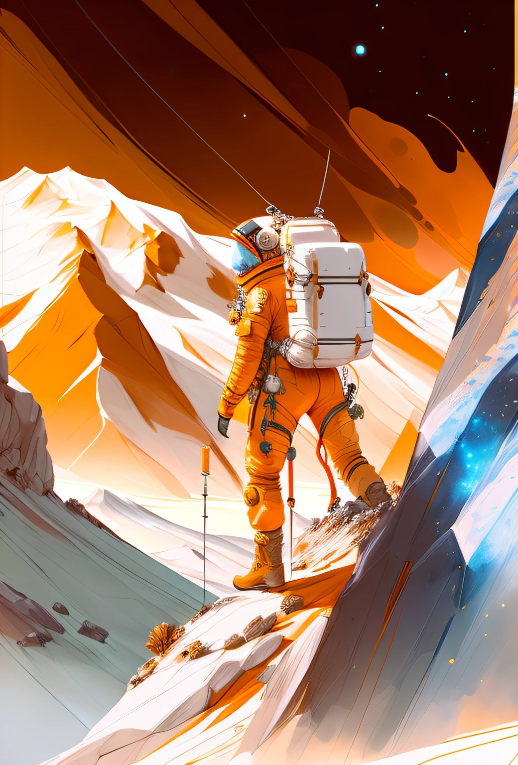 Draw an astronaut in a skilled spacesuit, Explorers in the mountains, Holding a scientific and technological instrument in his hand,highly realistic concept art, epic digital painting, digital painting concept art, stefan koidl inspired, explorer sketch, Concept art wallpaper 4K, amazing concept painting, award winning concept artist, 4K concept art, 4 k concept art, illustration concept art