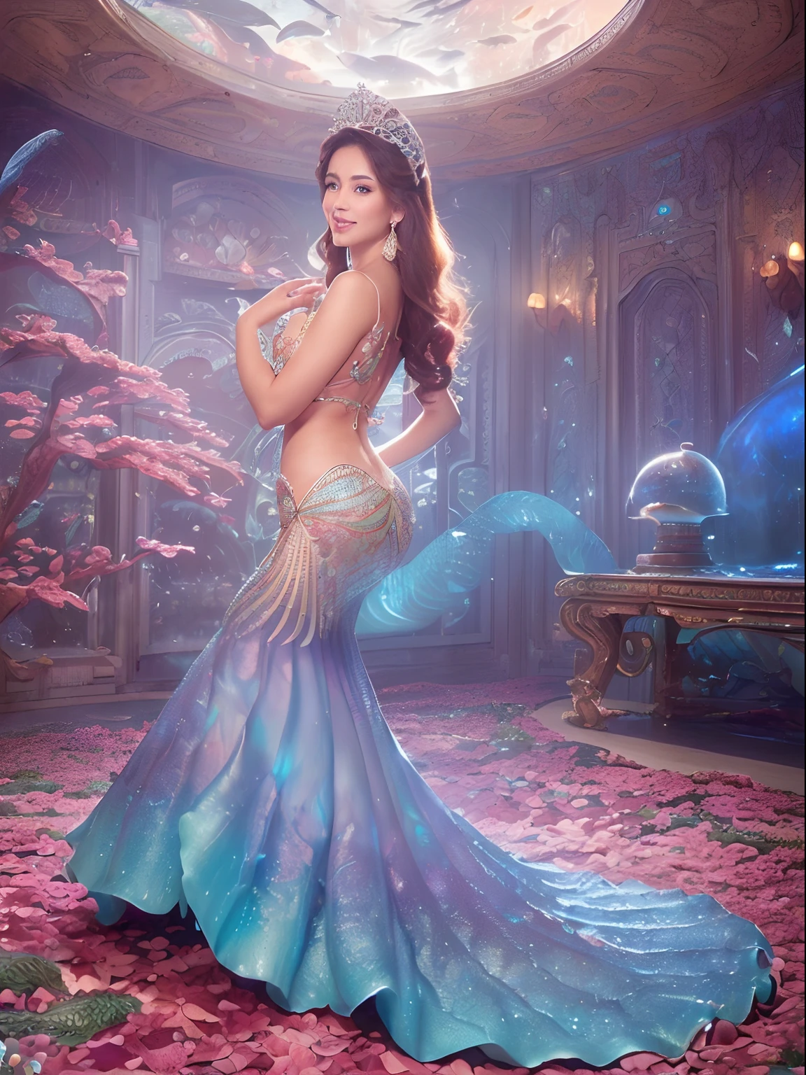 ((Photorealistic Little Mermaid,Photograph your face up close,Mermaid tail,beautiful scaled tail,A mermaid sitting,Looking at the camera,Big smile,Shot from up close,Also photographed tail)),(((((The wall of the room is a water tank,Arched walls,There are two water tanks,Rooms surrounded by aquariums,Everything on the wall is a water tank,Large aquarium,Fish swim in an aquarium,The floor is a huge aquarium,The wall is a huge aquarium,Complex and fine aquarium delineation,Detailed depiction of the aquarium,Richly decorated aquarium,aquariums,Beautiful fish swim in an aquarium))))),(((A space based on emerald blue and purple, Iridescent scales,Rainbow glowing scales,Lots of beautiful corals and shells in the room,Wonderful decorative bed))),(White teeth,Perfect gas chamber,A big smile staring at the camera,Mermaid tail,japanes,waved hair),((with an intricate, Finely shining scales,Full Body Jewelry Decoration,The Most Gorgeous Princess Costume,The most gorgeous decoration,Intricate jewels all over her body,de pele branca,fair glowing skin,Detailed her face,Glowing scales,Very finely drawn scales,Giant Tiara,)),((Crisp and detailed background,The whole room is fantastically decorated,Everything is a fantastic and glittering background,)),((high-definition RAW color photography, professional photograpy, extremely delicate and beautiful, Extremely detailed,finely detail, Huge file size,Top image quality,8K,Photos taken with a single-lens reflex camera))