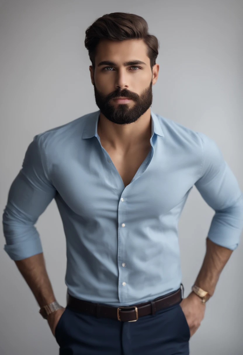 (Hombre con ropa elegante), ), (con una barba larga y llena,) (ojos azules) (retrato) Aspecto atractivo y serio, Brown Dark Hair, Elegante y elegante, y camiseta de cuerpo fuerte, (Imagen realista y de alta calidad), in the background Scandinavian apartment with designer furniture and blue wall color in the background, ((La mejor calidad, 8k, Pieza maestra).