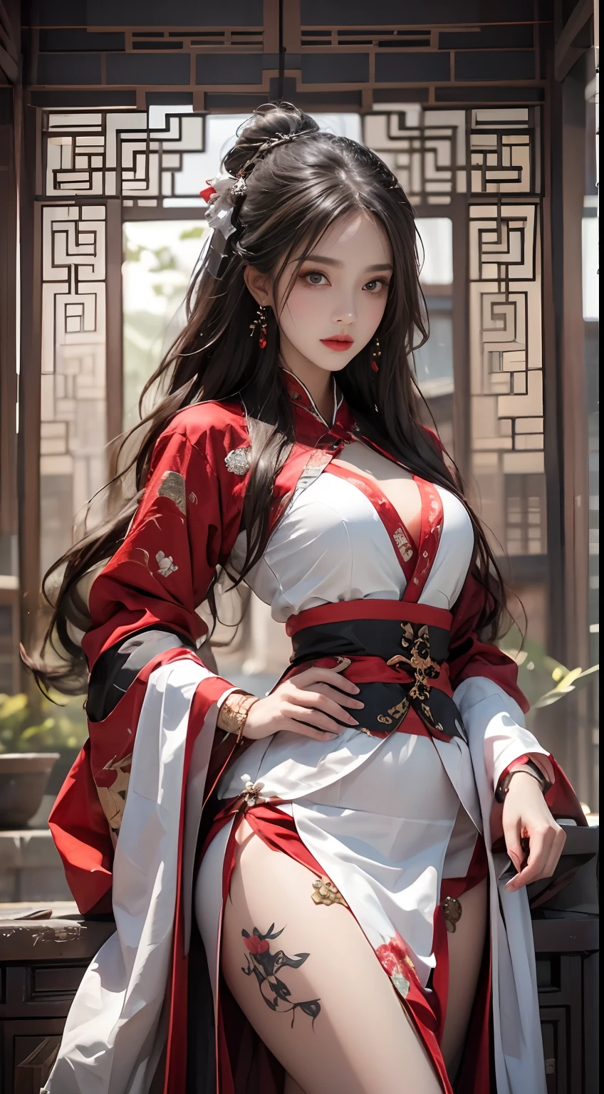 realisticlying, A high resolution, 1人の女性, hip-up, pretty eyes, long whitr hair, eye socket, jewely, Tattooed with, Hanfu, Chinese fairy, Taoist clothing