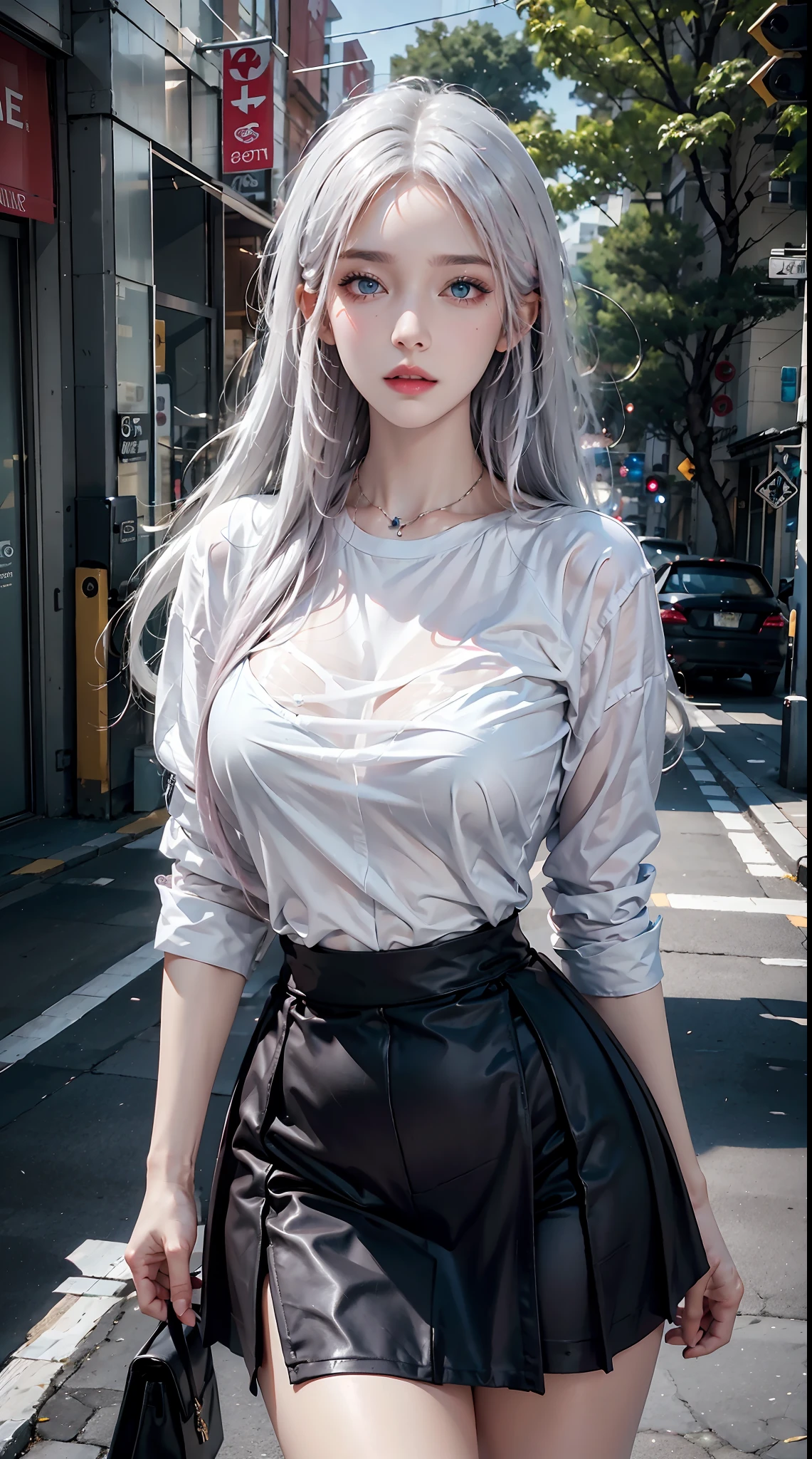 photorealistic, high resolution, 1women, shining skin, solo, tattoo, jewelry, pink lips, long white hair, blue eyes, closed mouth, hips up, outdoor, shirt, skirt, Street wear