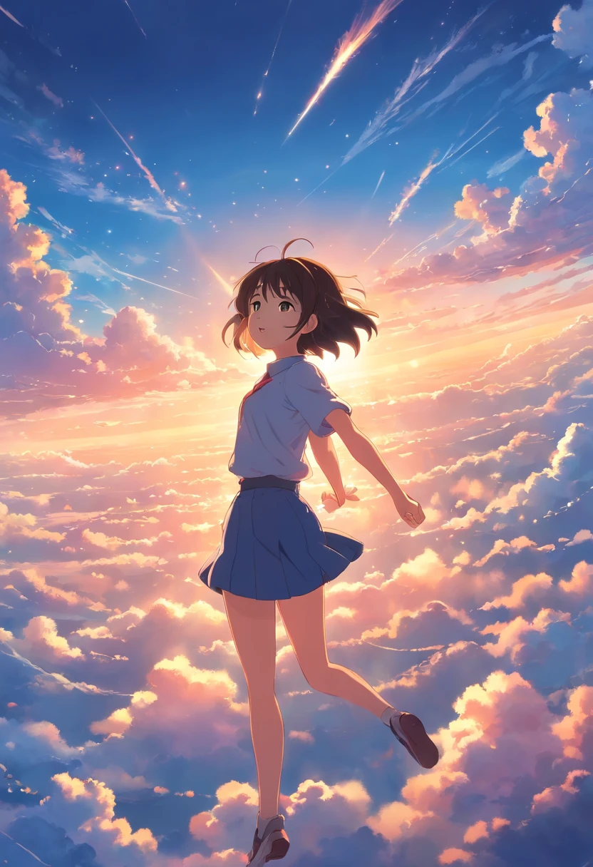 masterpiece, best quality, movie still, 1girl, cloud girl, floating in the sky, close-up, bright, happy, warm soft lighting, sunset, (sparks:0.7)