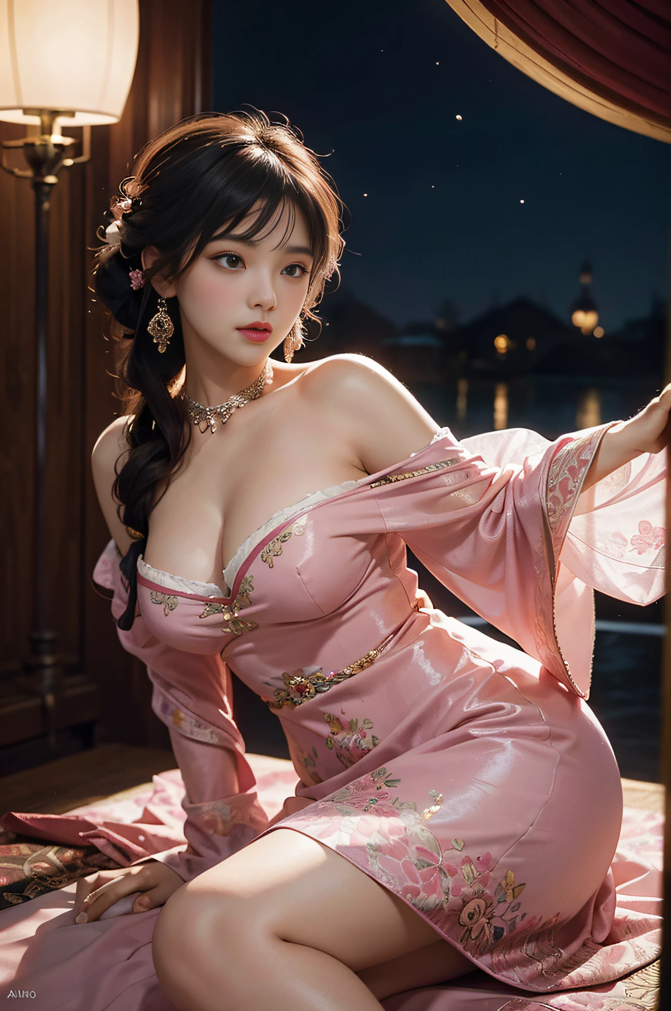 The art depicts a charming woman dressed in a flowing, silky traditional oriental dress, pink, decorated with intricate patterns and bright colors. Her dress drapes elegantly over her curvy figure, accentuating her seductive silhouette. She stood gracefully in the quiet moonlit night, bathed in the soft glow of the moonlight. The scene exudes an ethereal and dreamy atmosphere, with a touch of mystery and sexiness. The graphic style blends watercolor and digital illustration techniques to evoke a refined beauty and charm. The lights are filled with soft moonlight, casting soft highlights and shadows on her charming features. Bare thighs, big breasts, three-dimensional facial features, sitting, upturned legs