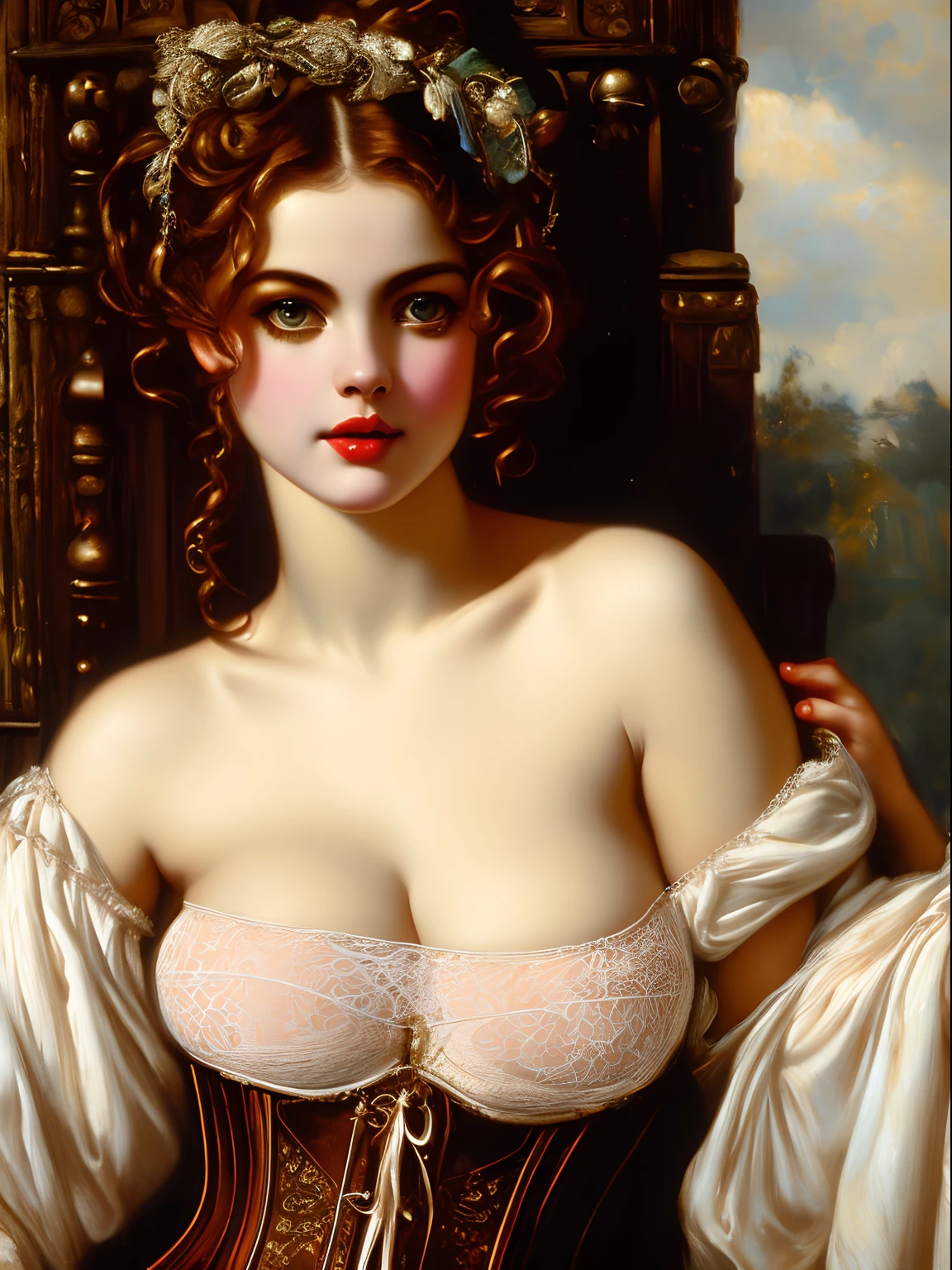 Oil art girl, victorian style, portrait, low neck corset, lace panties, big breasts, deep cleavage, fair skin, full lips