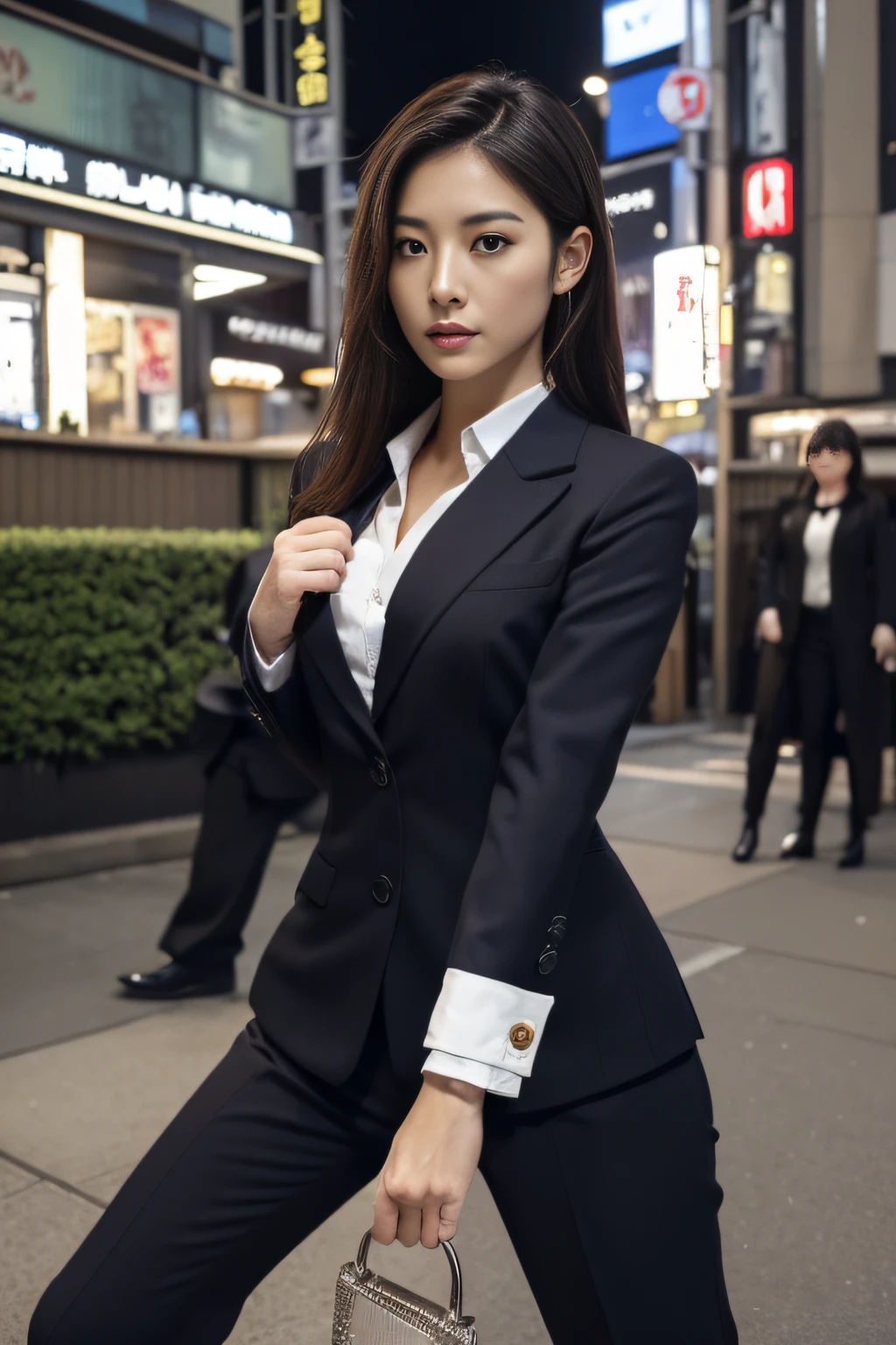 (​masterpiece、high-level image quality、hightquality)、(Female detectives on the front lines of special investigations、Metropolitan Police Department Investigation Division)、(A Japanese Lady、Blood、Skilled in martial arts)、Good looks、(perfect anatomia、Beautiful perfect limbs、Beautiful skin)、Wearing a women's suit、Professional、Big City Tokyo、Handcuffs and handguns、