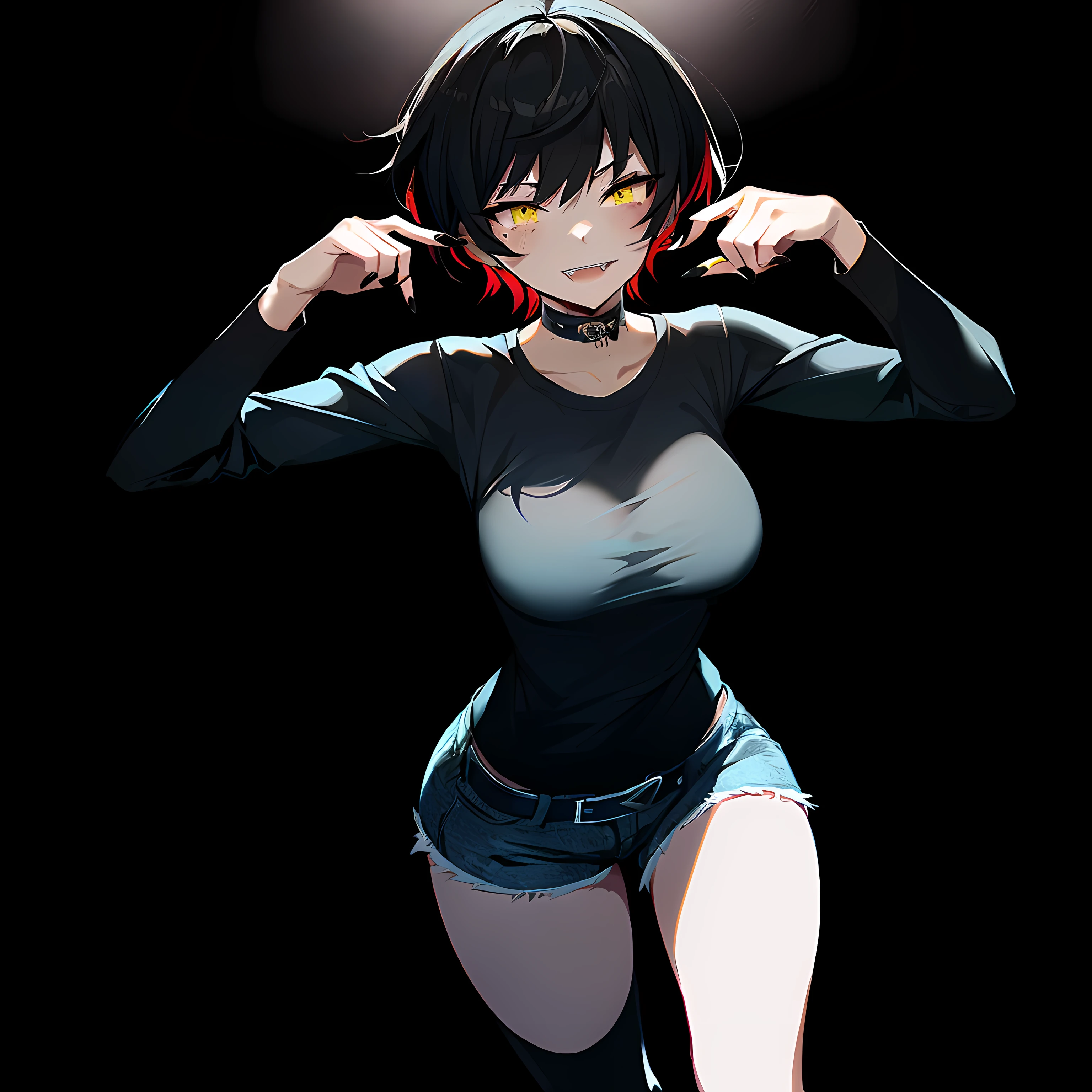 1girl, tomboy, high quality, better render. black nails, black messy short hair, glowing yellow eyes, yandere expression, better eyes, tattoos, gothic looks, beautiful, cute face, 8k quality, black punk shirt, dark denim shorts, black choker, looking at viewer, sexy, wearing plain black shirt, denim shorts, thigh high see-through socks, black earrings, absurdres, high res, ultrasharp, 8K, masterpiece, looking at viewer, seductive expression, glowing eyes, sharp teeth, rebellious, cool, freckles blush, perfect quality face, high quality anime eyes