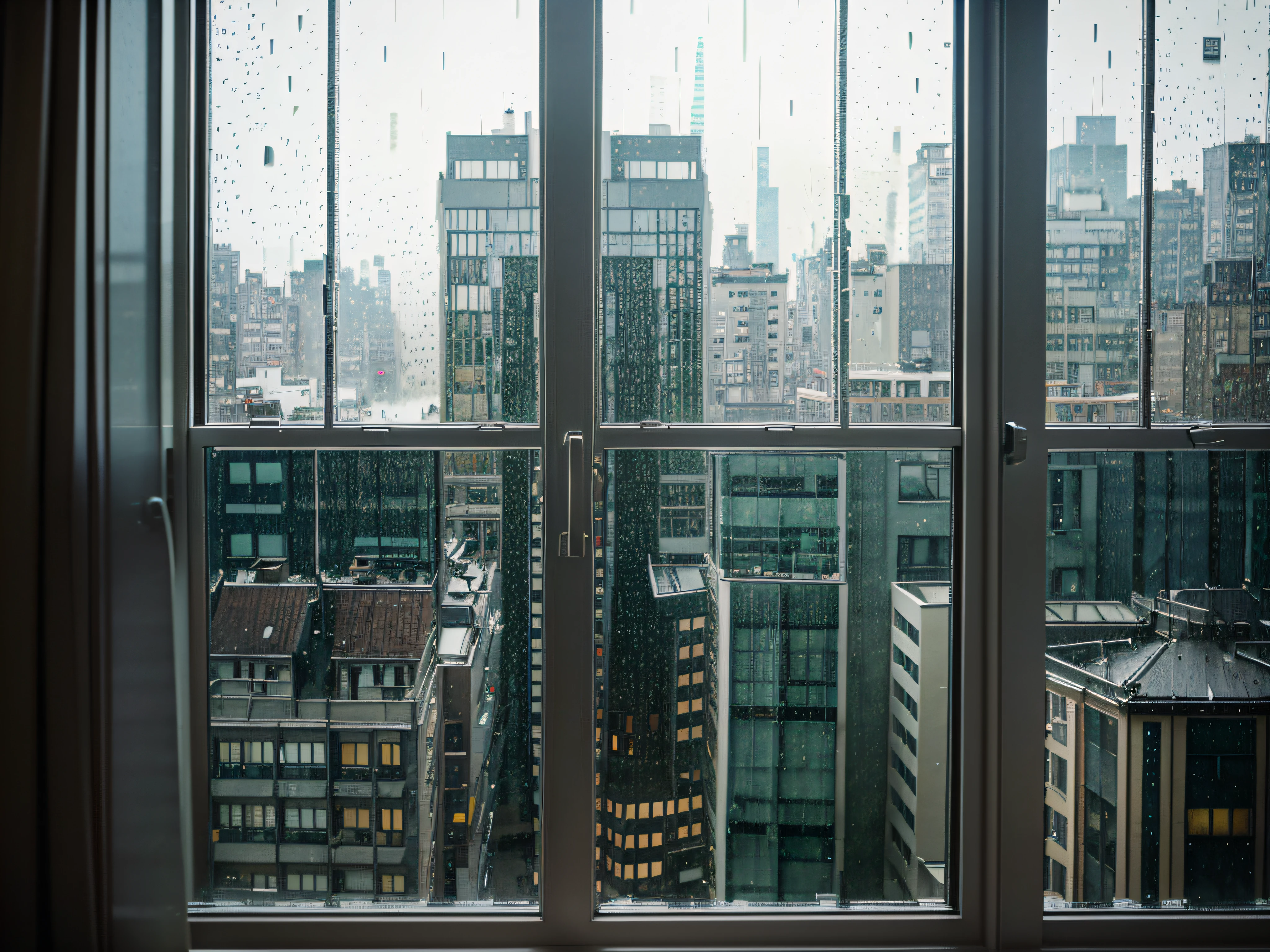 Window Elegance: A view through a rain-splattered window with the blurred cityscape in the background.