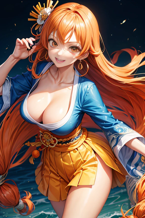 One Piece, Nami, Masterpiece, Highly detailed, Fine details, Best quality, Beautiful lighting, Slim girl, Very slim girl, Nami V2, Long hair, 1girll, Orange hair, Solo, Long curly hair, Hair accessories , jewelry, Earrings, Japanese clothing, komono, Hairpins, Smile, Bright smile, Orange eyes, High definition, extreme hight detail