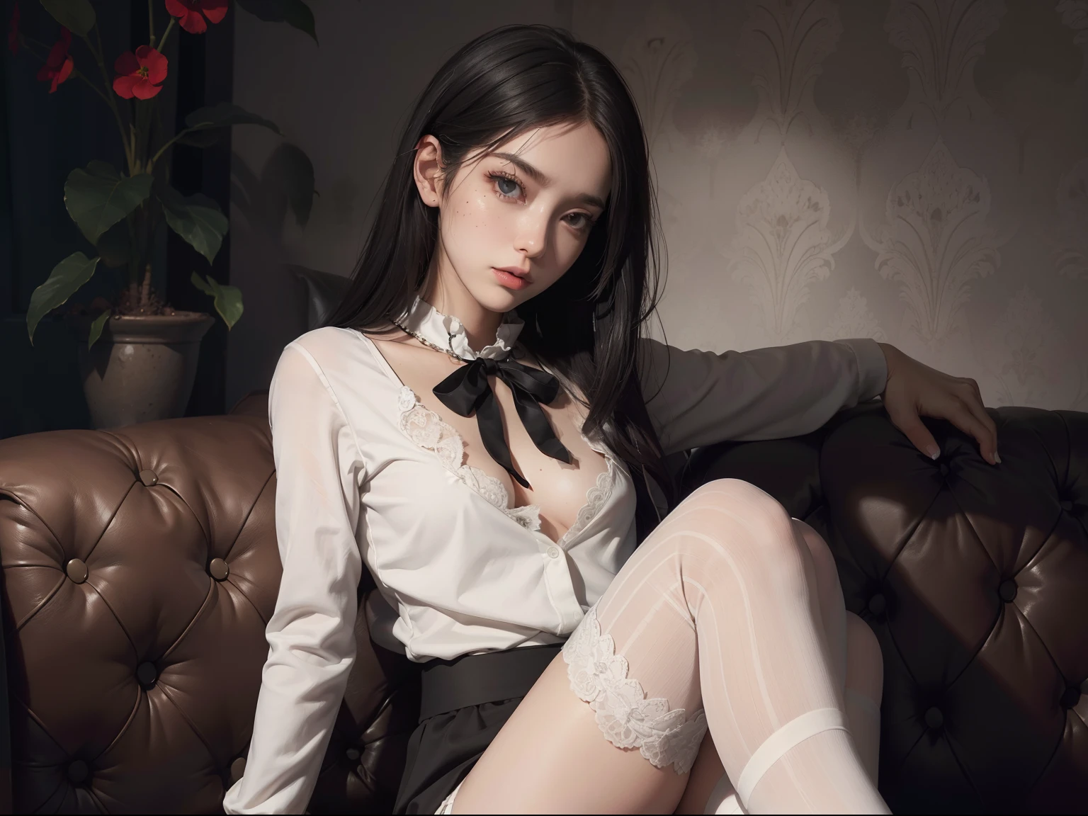 (Hyper-realistic), (Illustration), (High resolution), (8K), (Extremely detailed), (Best Illustration), Yol ( chain saw man ), (Beautiful detailed eyes), (Best Quality), (Ultra-detailed), (masutepiece), (Wallpaper), (Detailed face), Solo, Upper body, Focus on Face, 1 girl, Long Black Hair, Korean, Thin eyeshadow, A detailed eye, Brown eyes, Small moles under the eyes, very slender legs,Please wear a long-sleeved shirt...., Neckbow, Small breasts,Smaller chest,Black knee socks, Dynamic Pose, low illuminance, Night, Dark, Clouds, a dark night,sit on sofa,Happy,White panty,White bra,