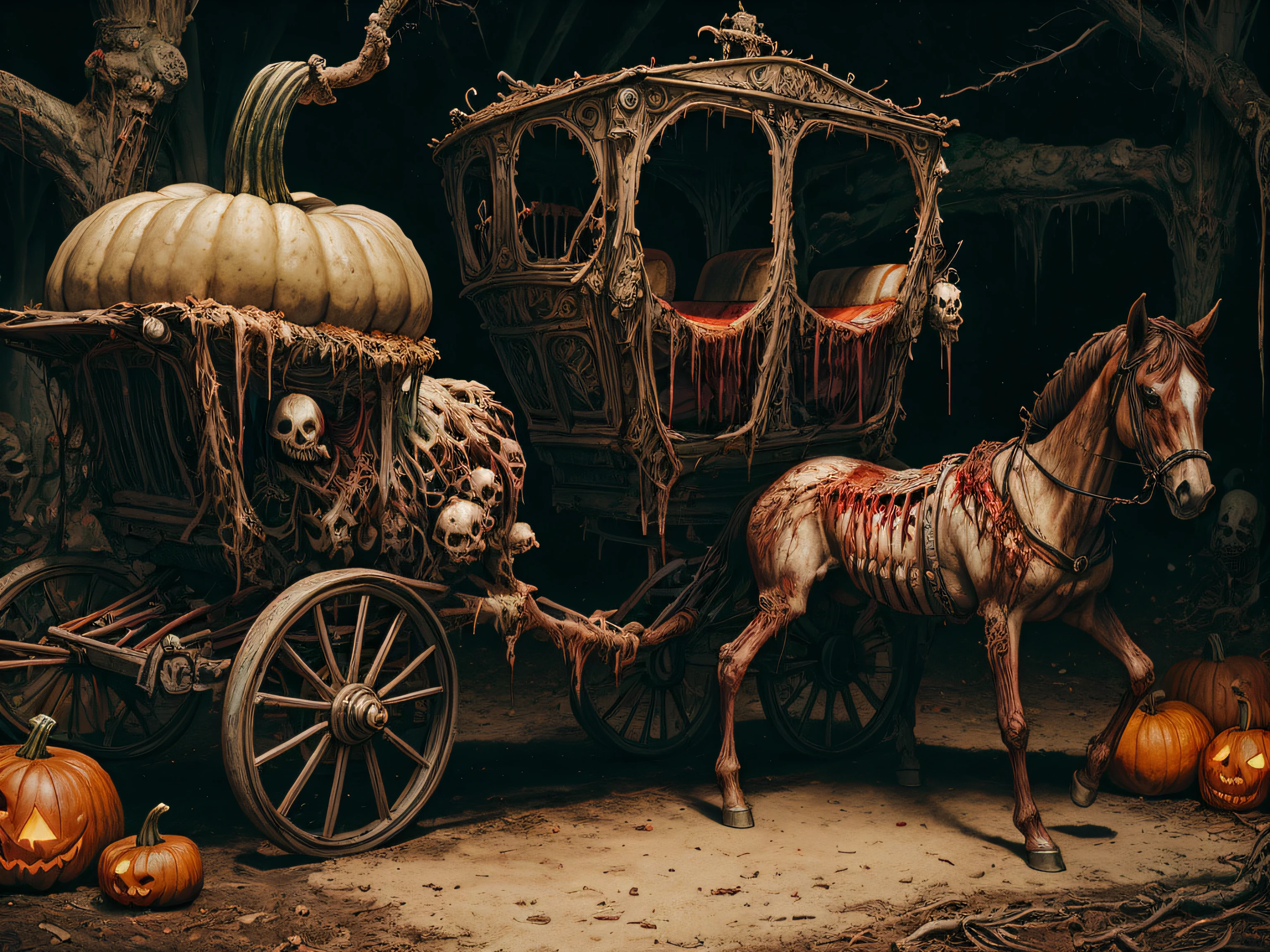 RAW Photo of worldofundead a horse-drawn carriage transporting a pumpkin to a wedding ceremony, skeletal, rotten flesh, rotting, blood, gore (Masterpiece:1.3) (best quality:1.2) (high quality:1.1), Establishing shot,art style,photographed on a Hasselblad 907X 50C,complementary colors,32k resolution,incredibly detailed,16k resolution,bloom,golden ratio,cinematic